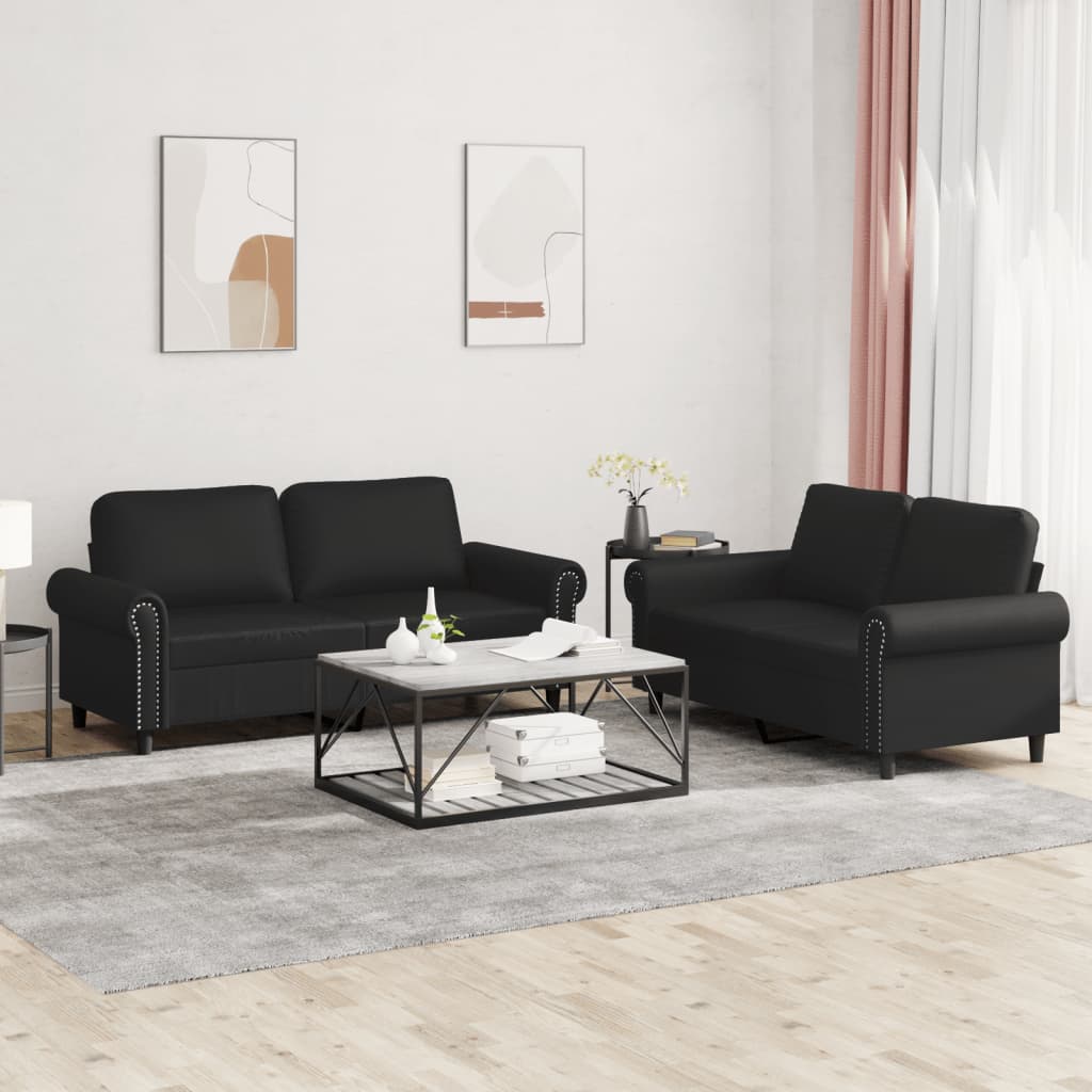 2 Pcs conjunto de sofás com almofadões couro artificial preto