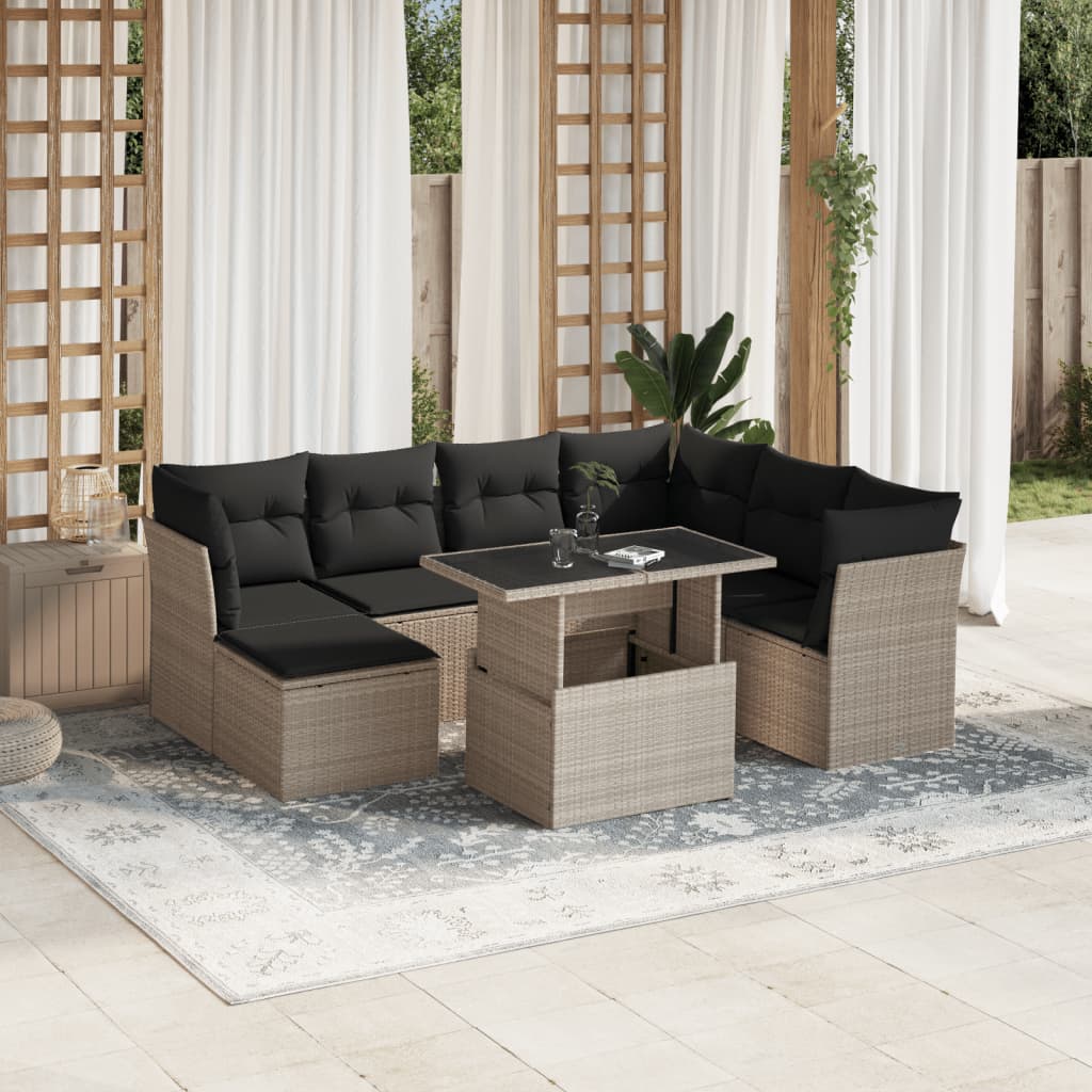 8 Pcs conj. sofás jardim c/ almofadões vime PE cinzento-claro
