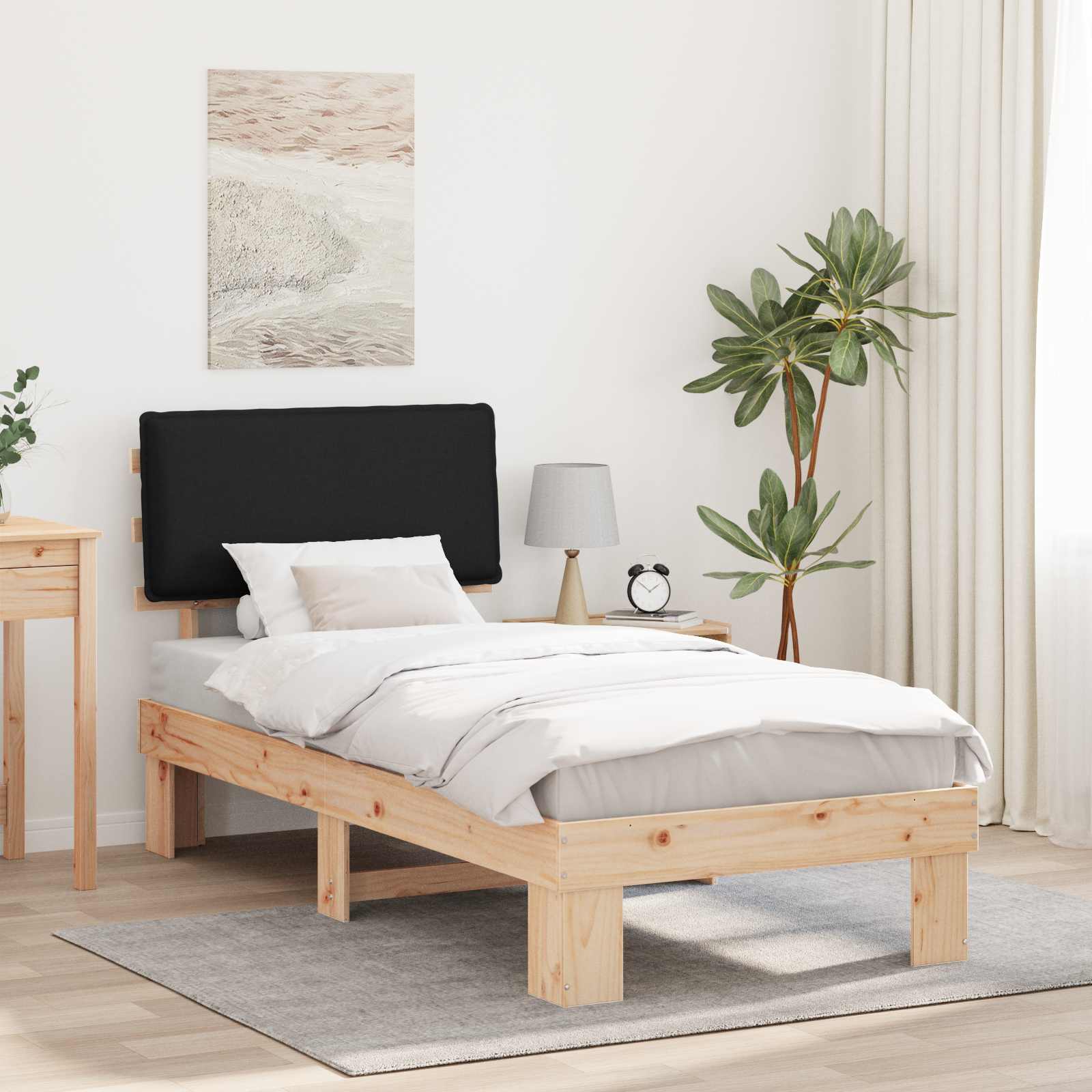 Estrutura de cama com cabeceira estofada preto 90 x 200 cm
