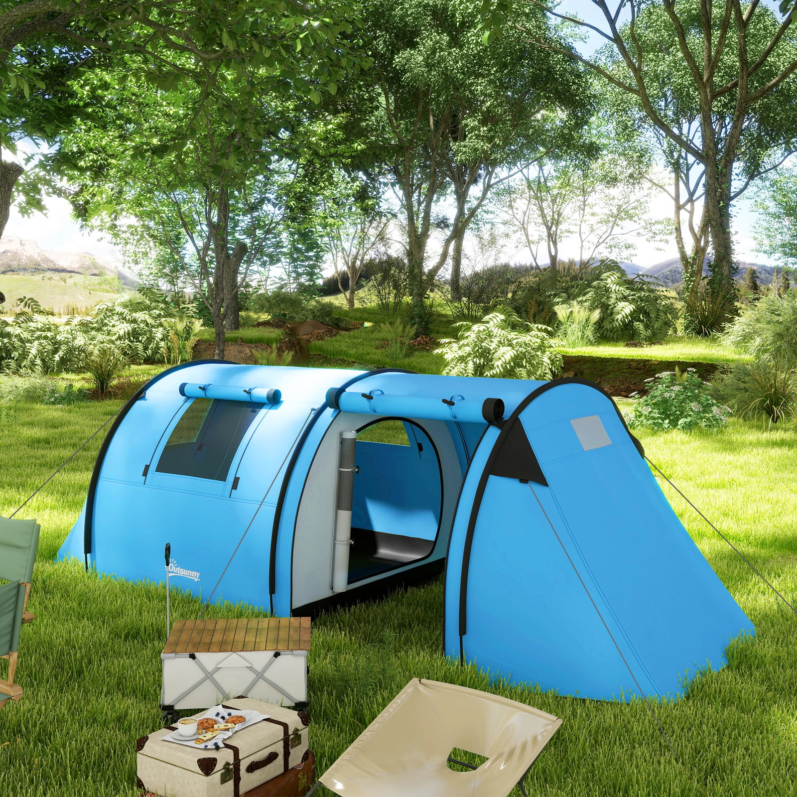 Tenda de campismo para 3 pessoas com janelas gancho saco de transporte impermeável 3000 mm 470x220x150 cm azul claro