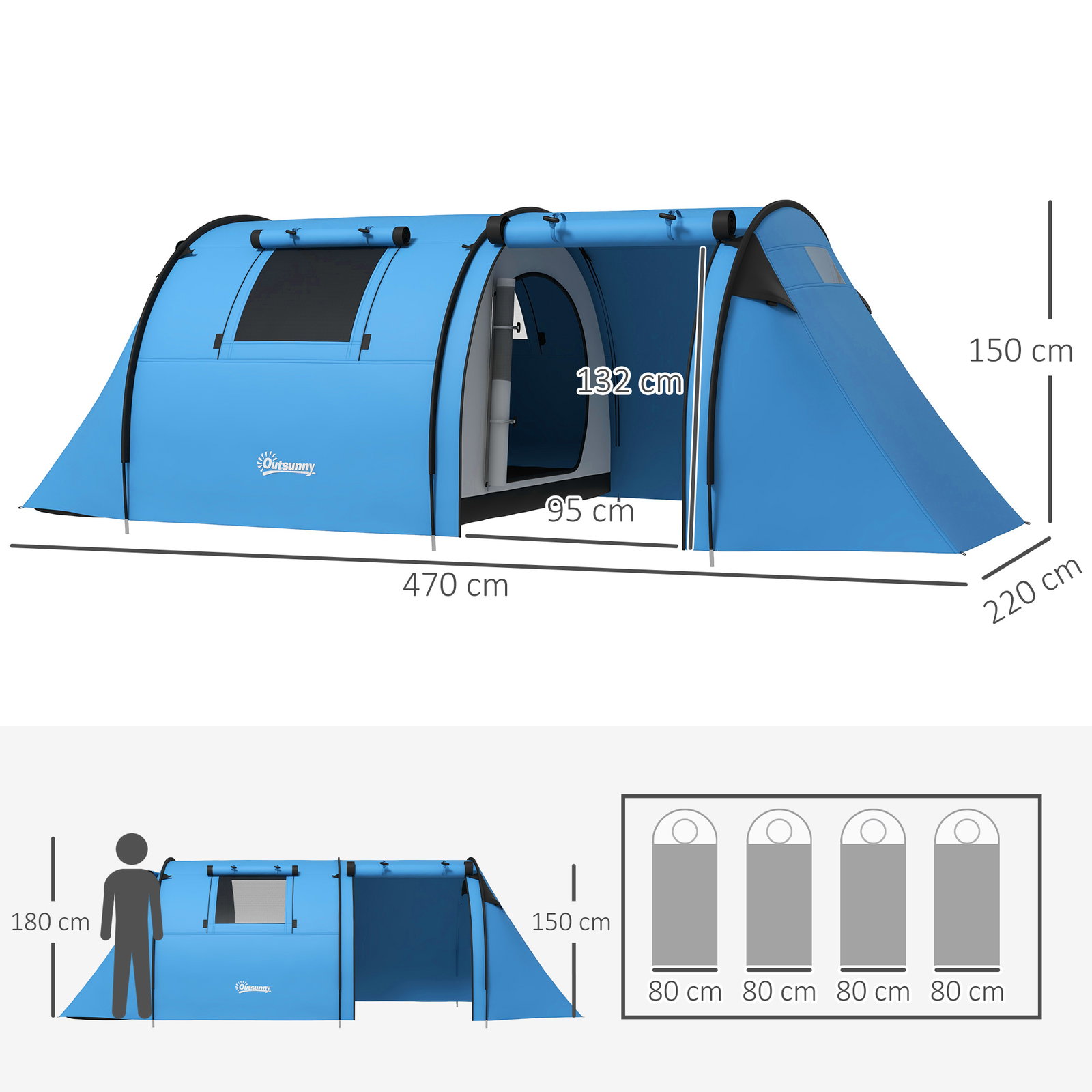 Tenda de campismo para 3 pessoas com janelas gancho saco de transporte impermeável 3000 mm 470x220x150 cm azul claro