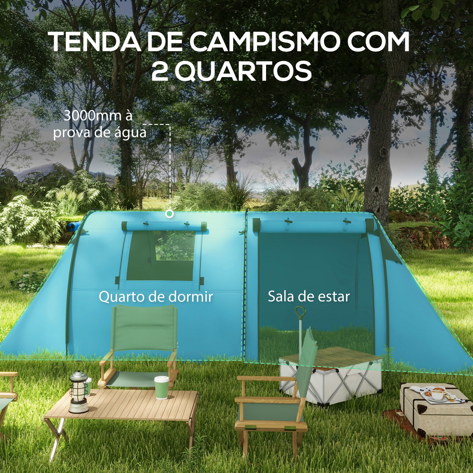 Tenda de campismo para 3 pessoas com janelas gancho saco de transporte impermeável 3000 mm 470x220x150 cm azul claro