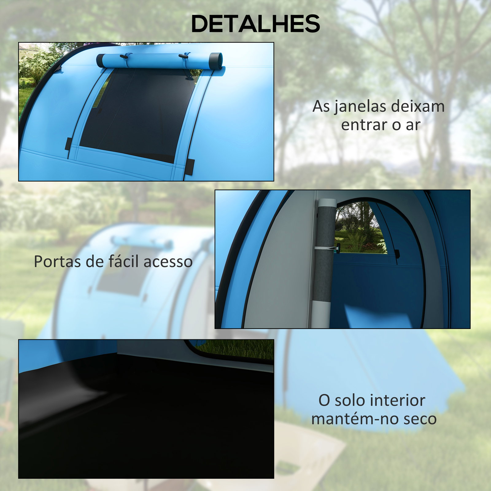Tenda de campismo para 3 pessoas com janelas gancho saco de transporte impermeável 3000 mm 470x220x150 cm azul claro