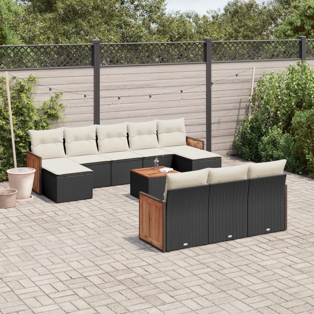 11 Pcs conjunto sofás de jardim c/ almofadões vime PE preto