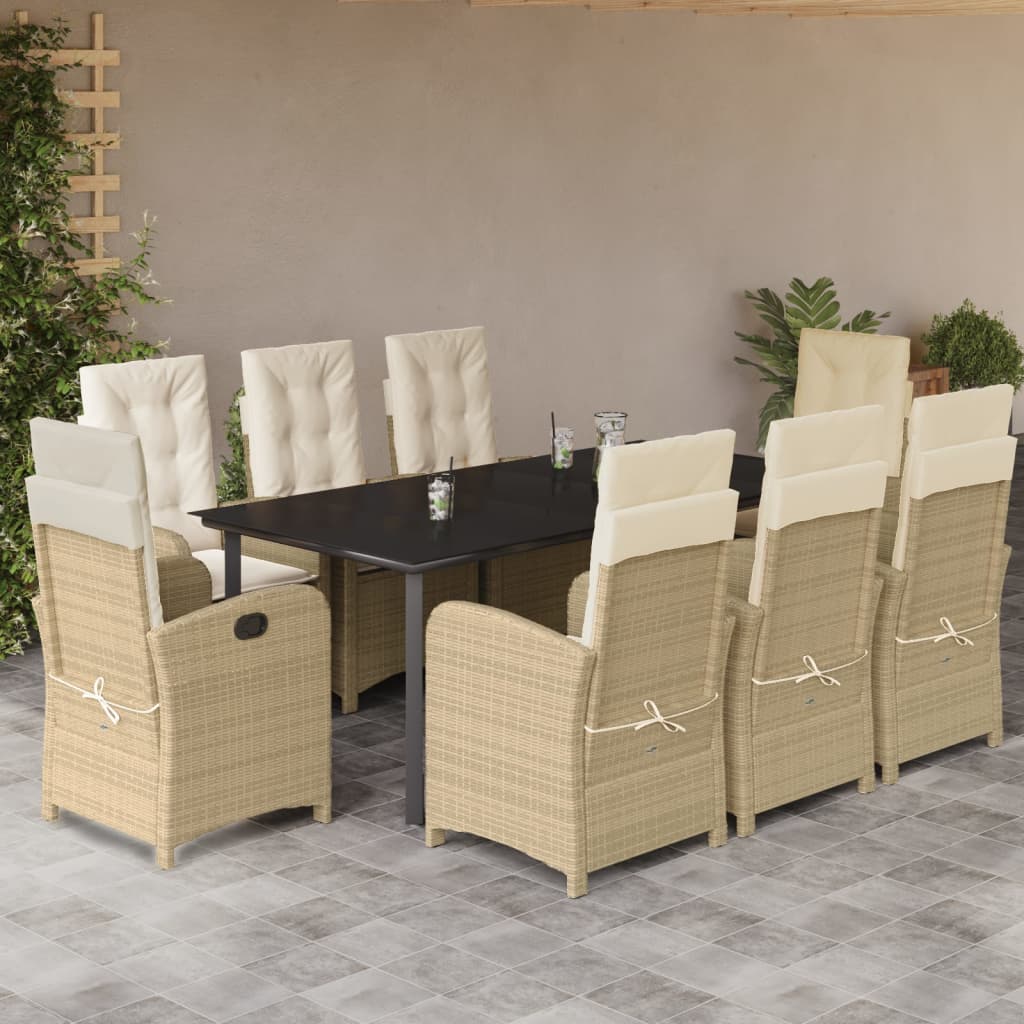 9 Pcs conjunto de jantar p/ jardim com almofadões vime PE bege