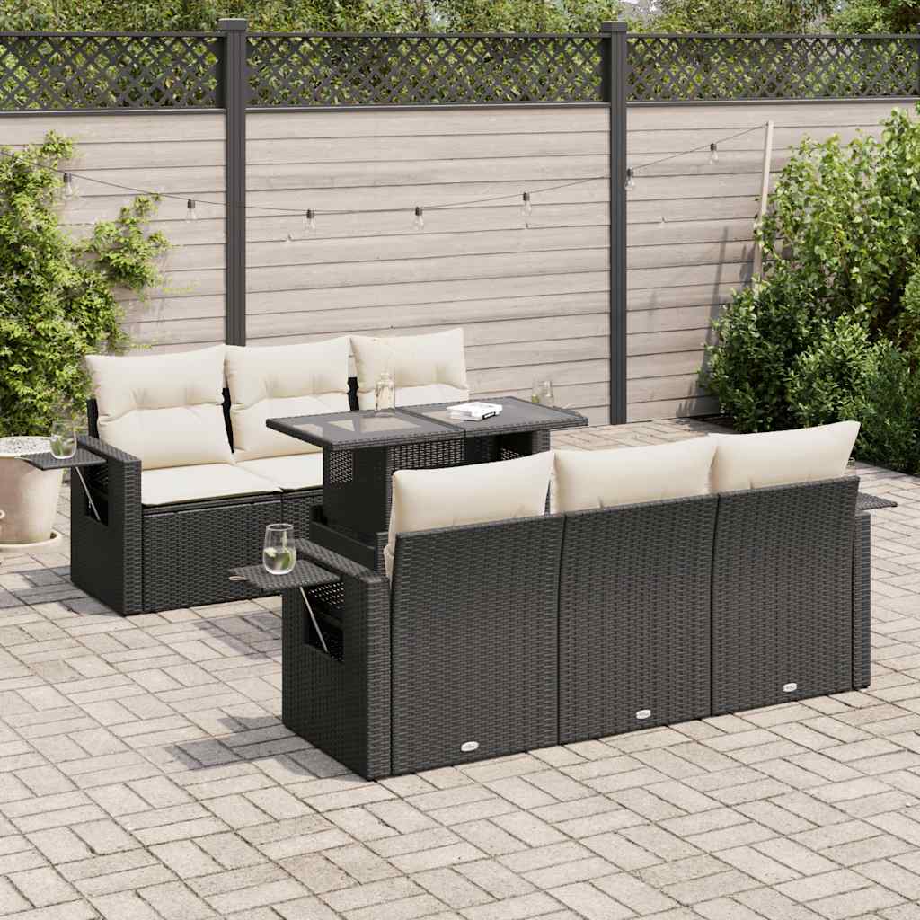 7 Pcs conjunto de sofás p/ jardim c/ almofadões vime PE preto