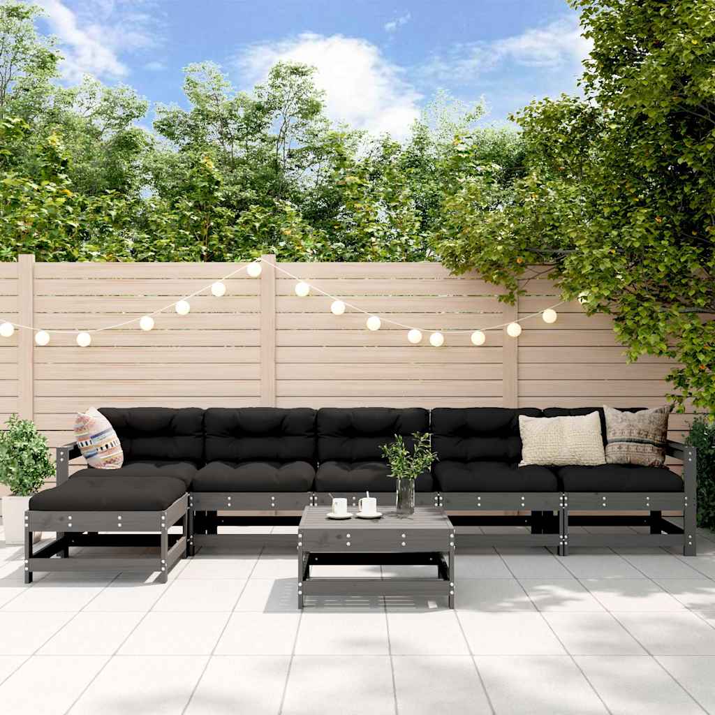 7 Pcs conjunto lounge jardim c/ almofadões madeira maciça cinza