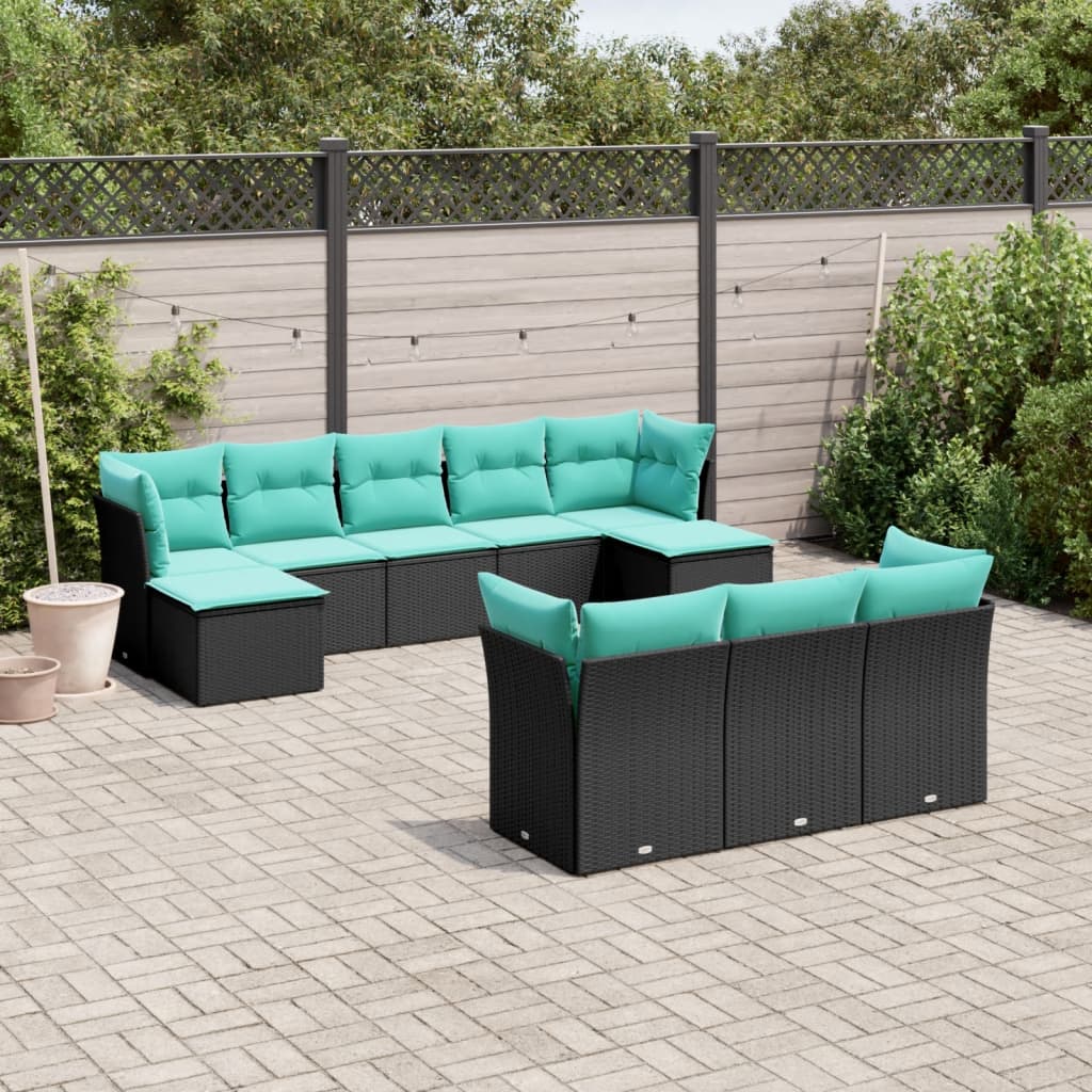 Conjunto de sofá de jardim com 10 peças e almofadas em rattan sintético preto