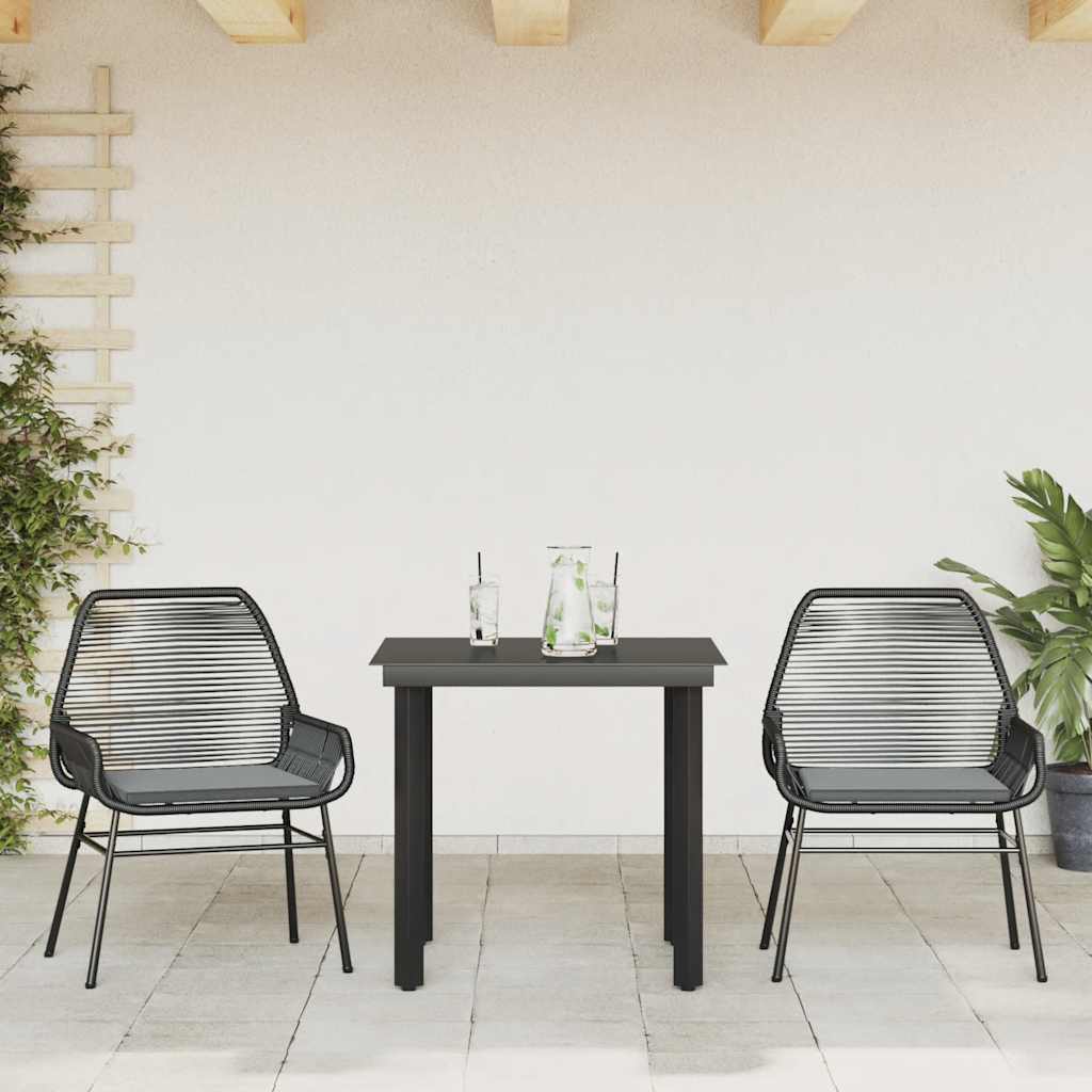 3 Pcs conjunto jantar jardim almofadões vime PE vidro preto