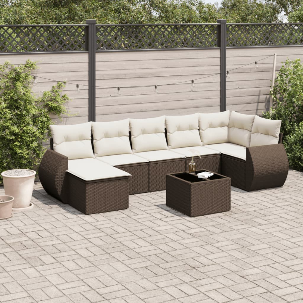8 Pcs conjunto sofás de jardim c/ almofadões vime PE castanho