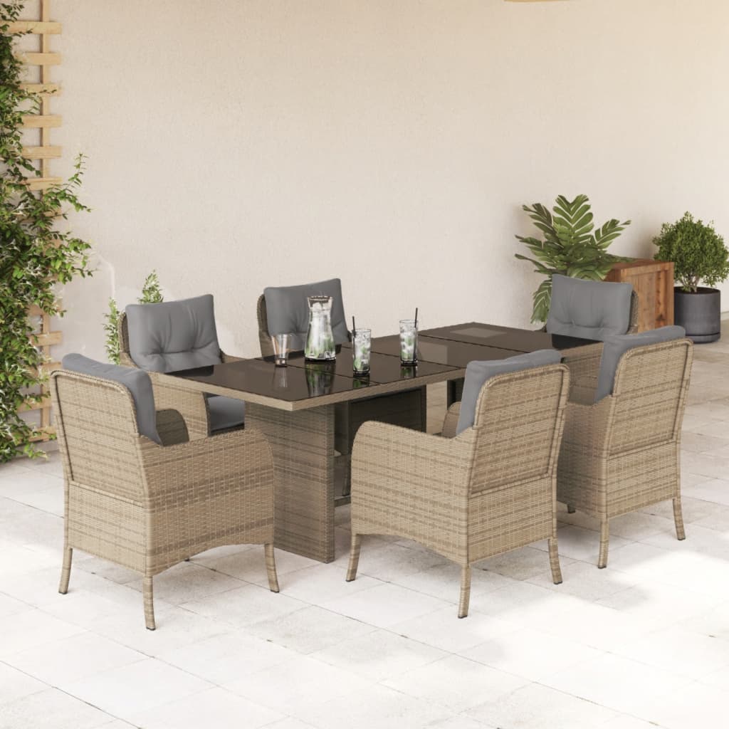 7 Pcs conjunto de jantar p/ jardim com almofadões vime PE bege