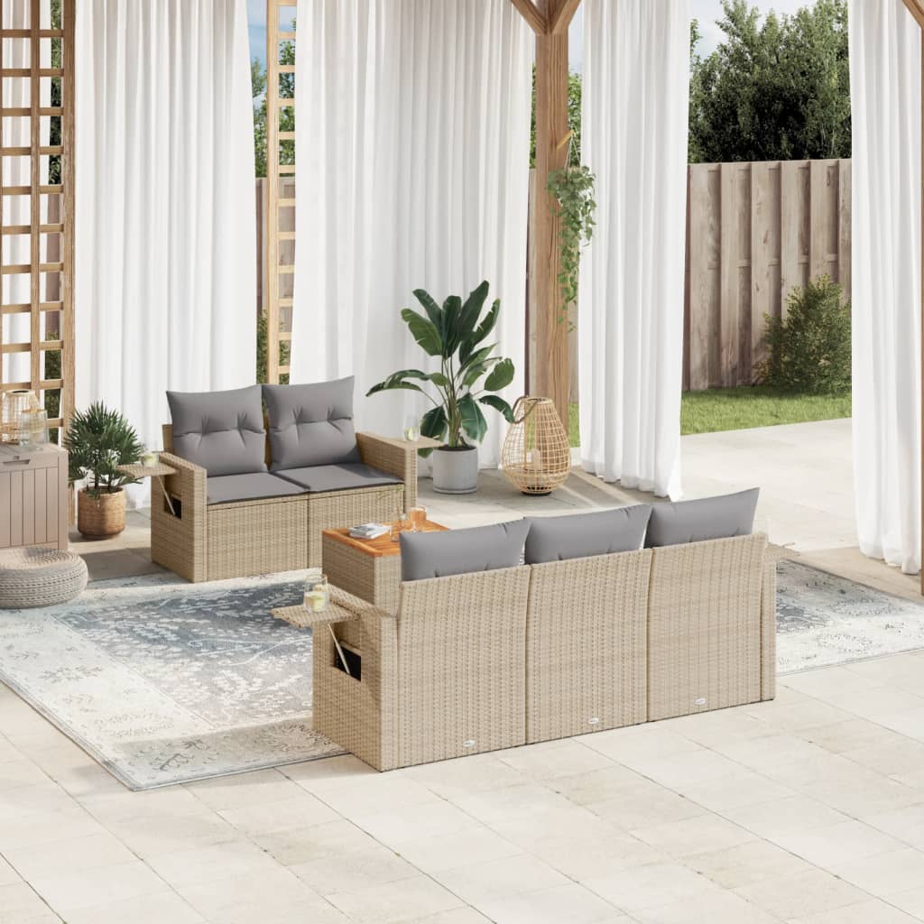 6 Pcs conjunto de sofás p/ jardim com almofadões vime PE bege