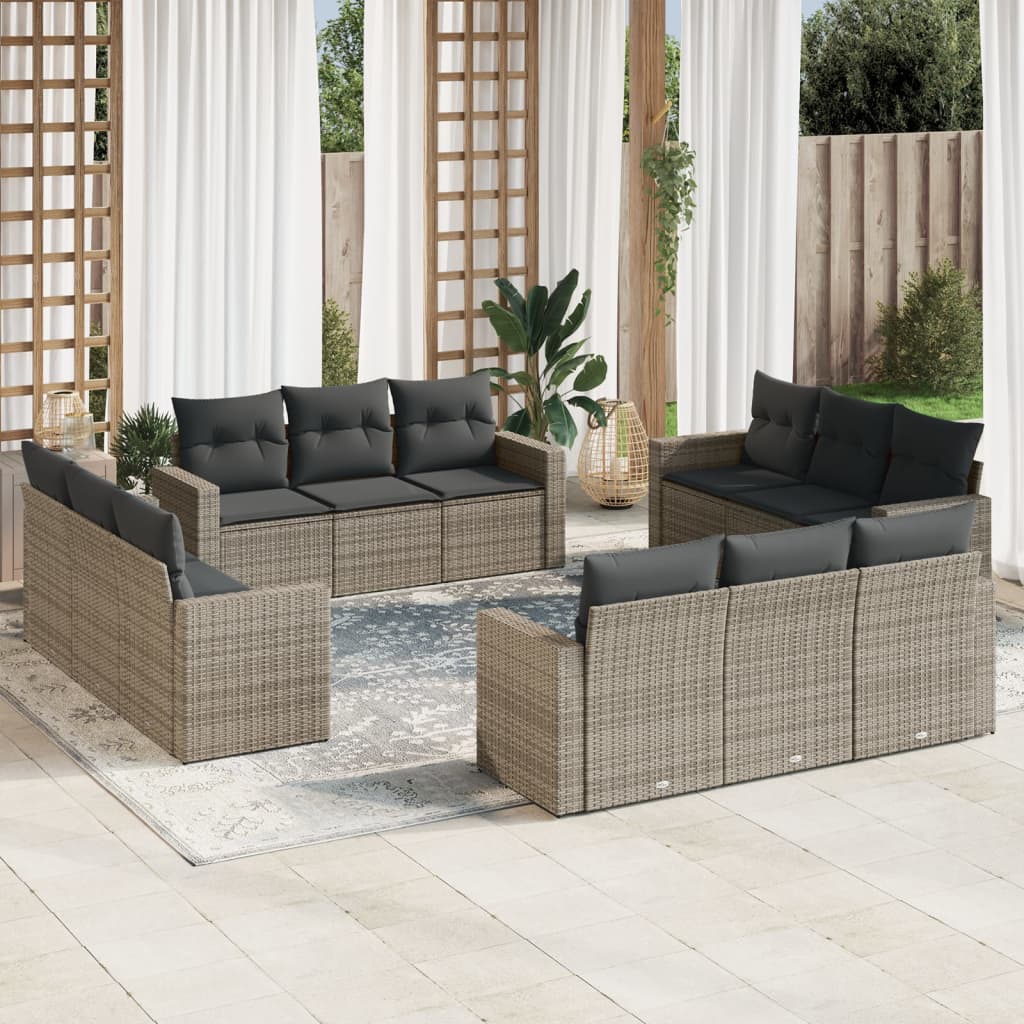 12 Pcs conjunto de sofás jardim c/ almofadões vime PE cinzento