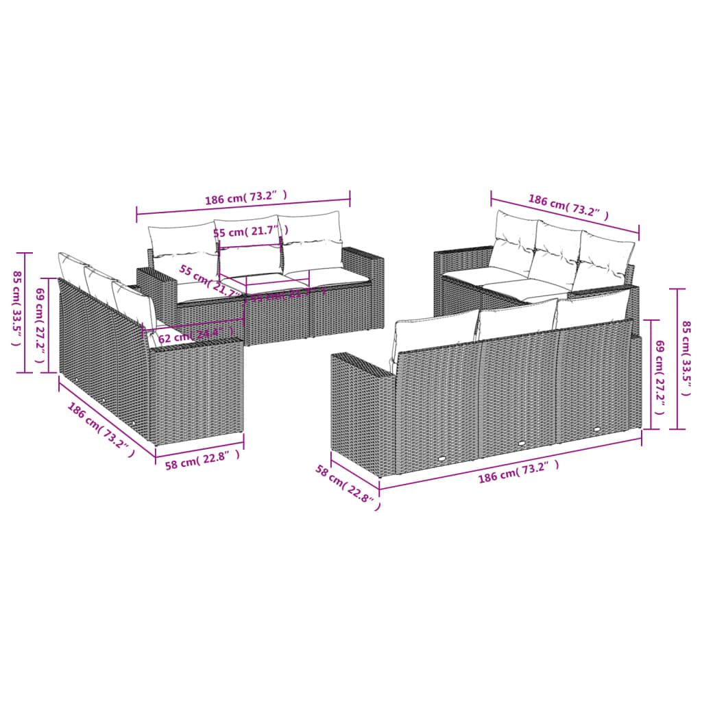12 Pcs conjunto de sofás jardim c/ almofadões vime PE cinzento