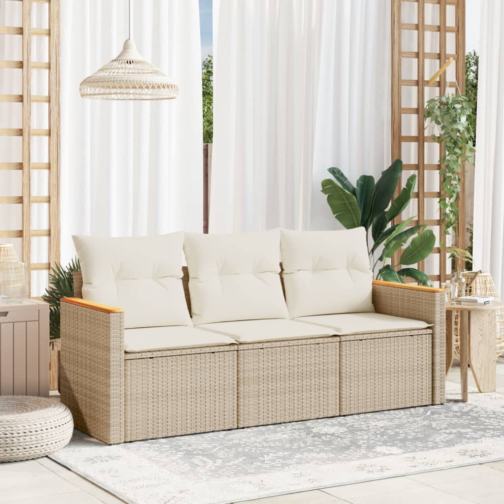3 Pcs conjunto de sofás p/ jardim com almofadões vime PE bege