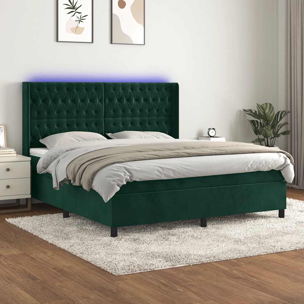 Cama box spring c/ colchão/LED 160x200 cm veludo verde-escuro