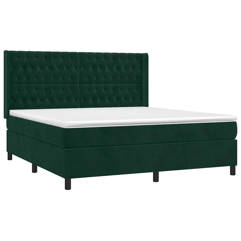 Cama box spring c/ colchão/LED 160x200 cm veludo verde-escuro