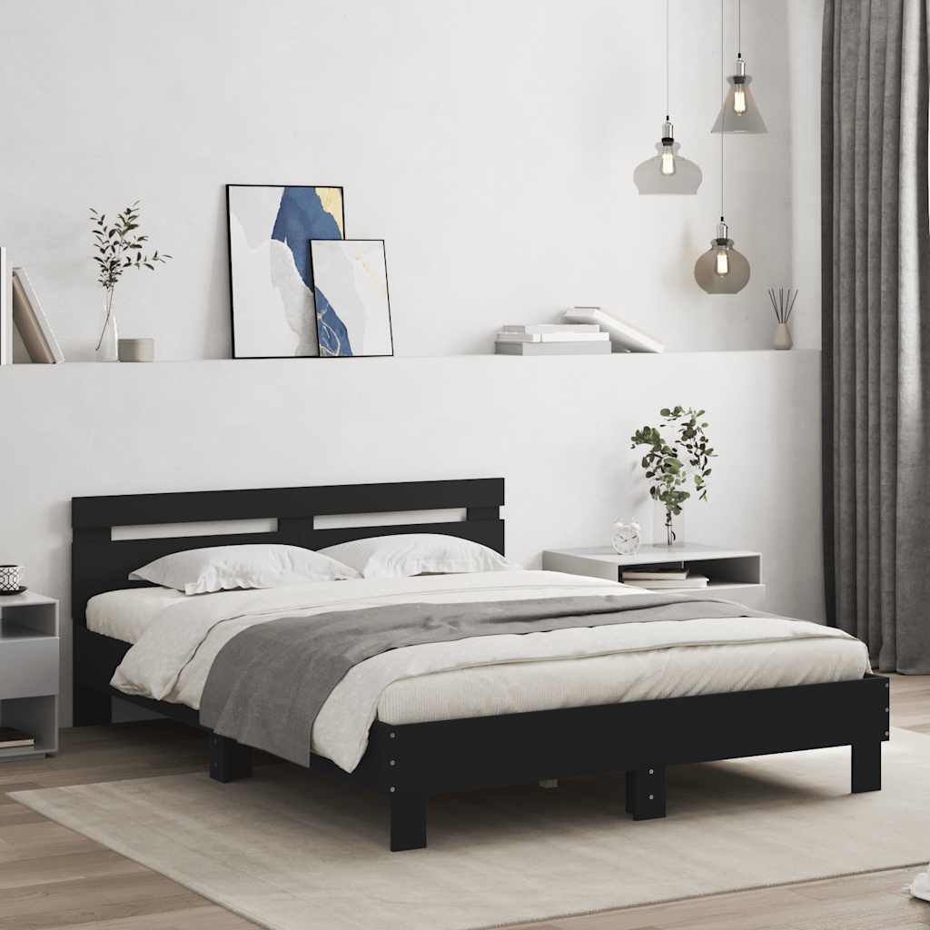 Estrutura de cama com cabeceira e luzes LED 140x200 cm preto