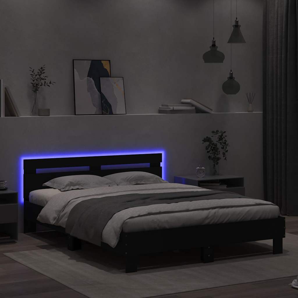 Estrutura de cama com cabeceira e luzes LED 140x200 cm preto