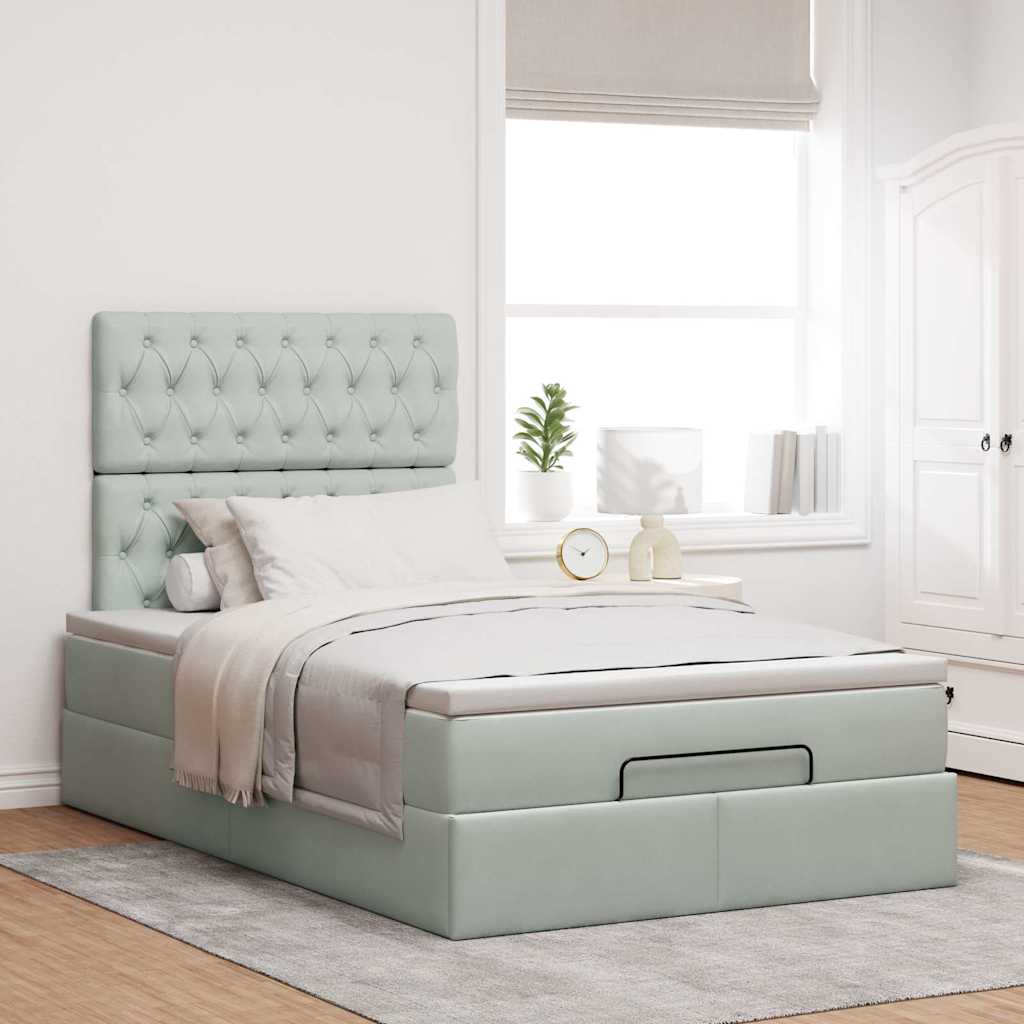 Estrutura de cama otomana com colchões cinza claro veludo
