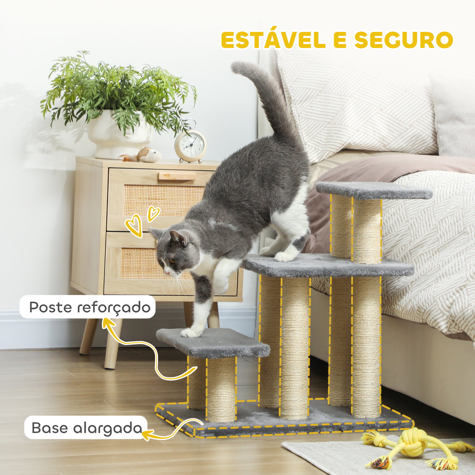 Escada para gatos de 3 degraus altura ajustável com postes para arranhar e bola pendurada carga 10 kg 52x34,5x54 cm cinzento