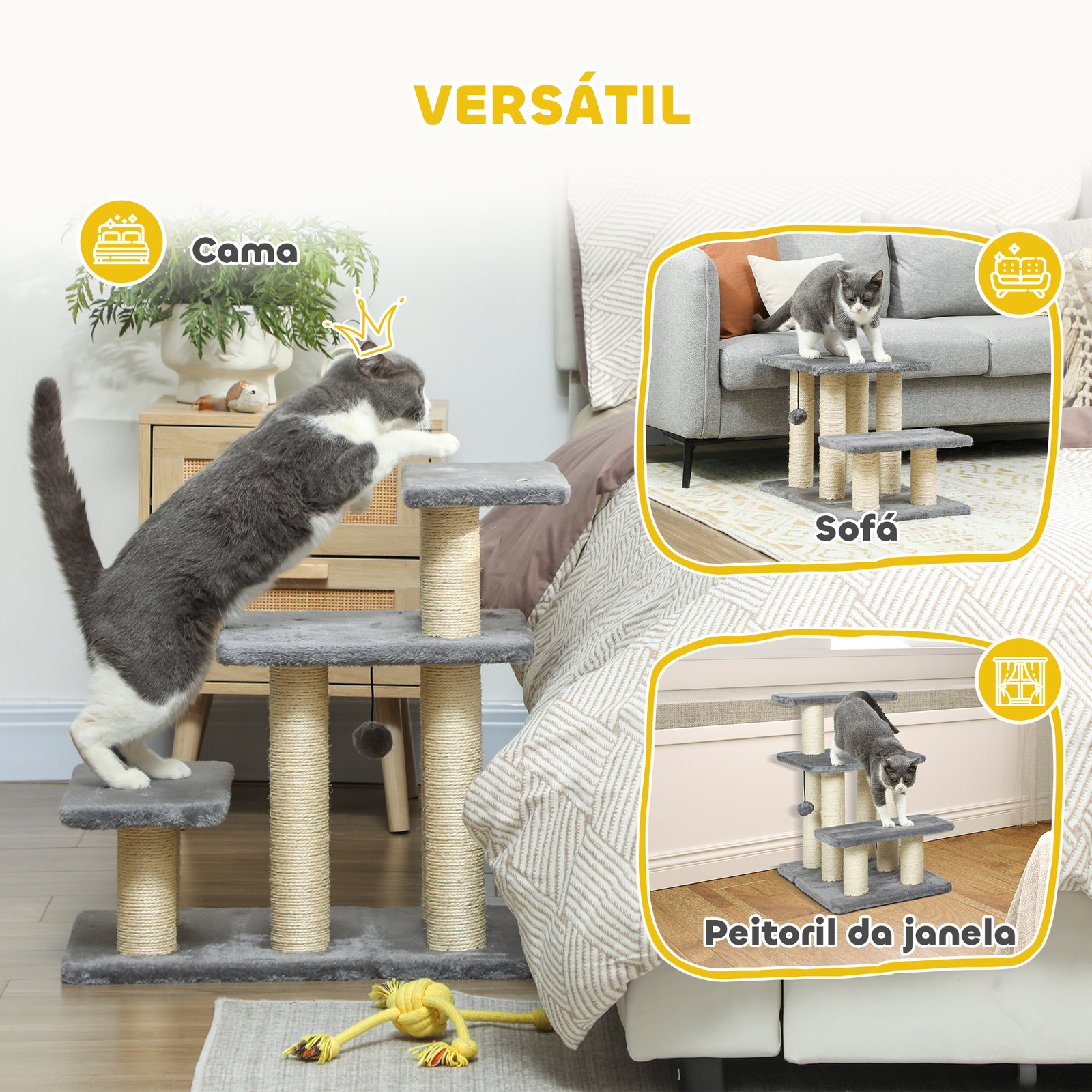 Escada para gatos de 3 degraus altura ajustável com postes para arranhar e bola pendurada carga 10 kg 52x34,5x54 cm cinzento