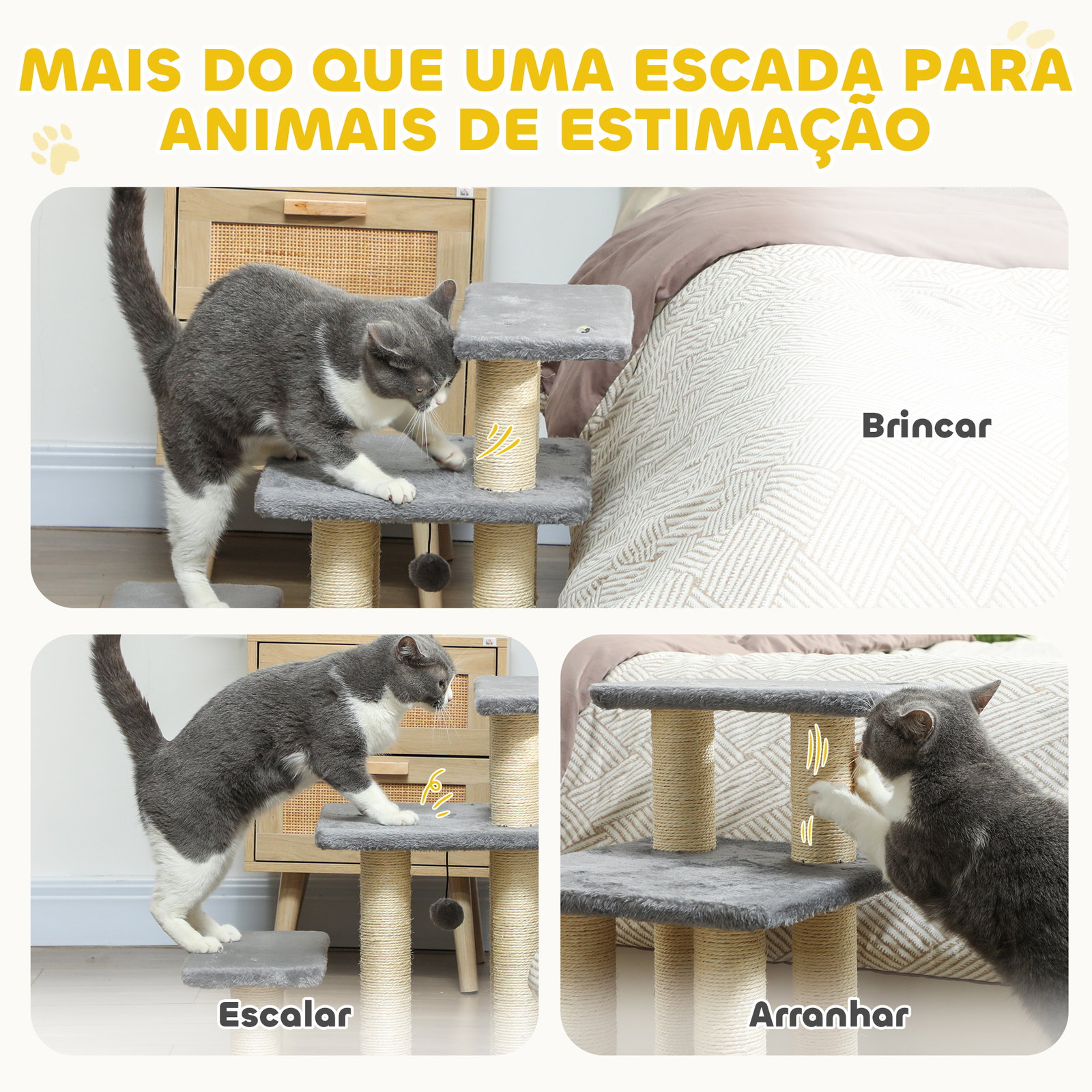 Escada para gatos de 3 degraus altura ajustável com postes para arranhar e bola pendurada carga 10 kg 52x34,5x54 cm cinzento