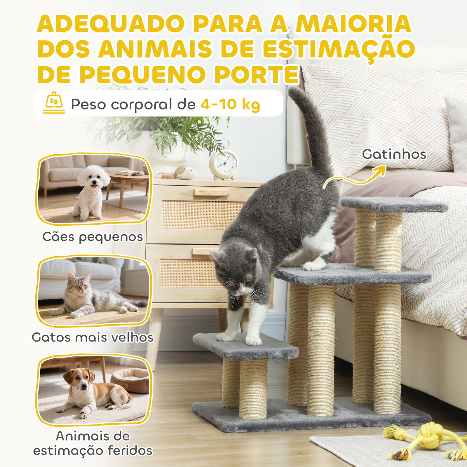 Escada para gatos de 3 degraus altura ajustável com postes para arranhar e bola pendurada carga 10 kg 52x34,5x54 cm cinzento