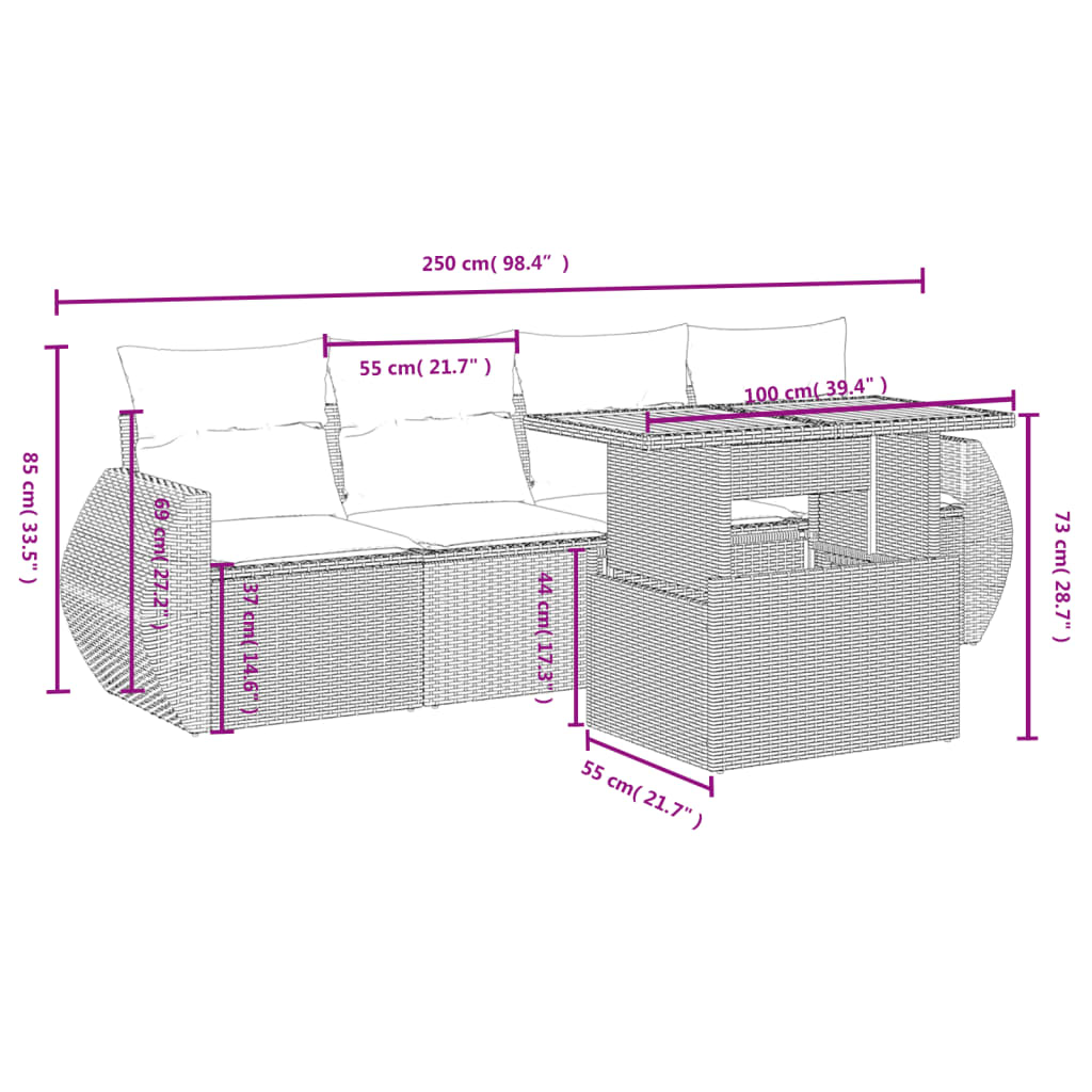 5 Pcs conjunto de sofás p/ jardim com almofadões vime PE bege