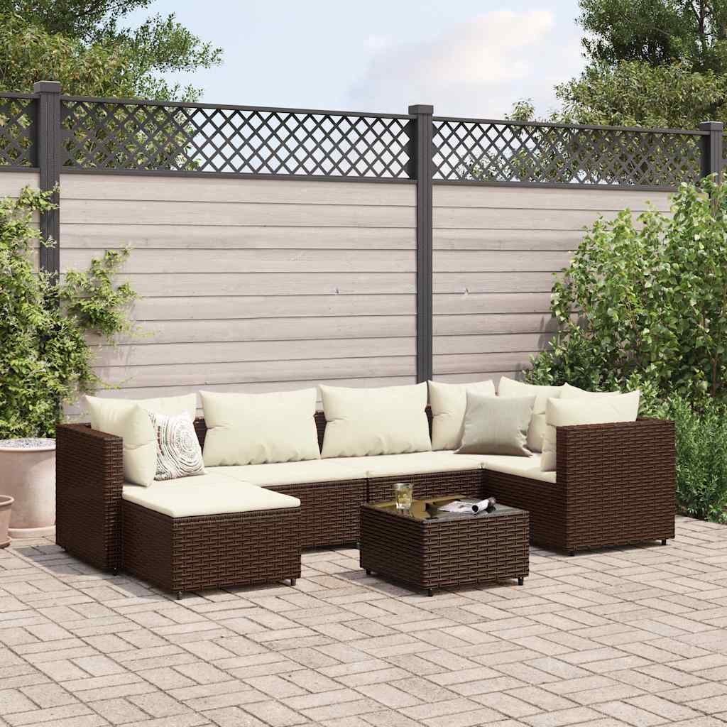 7 Pcs conjunto lounge de jardim c/ almofadões vime PE castanho