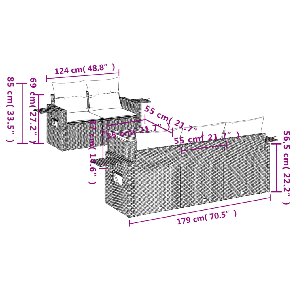 6 Pcs conj. sofás jardim c/ almofadões vime PE bege misturado