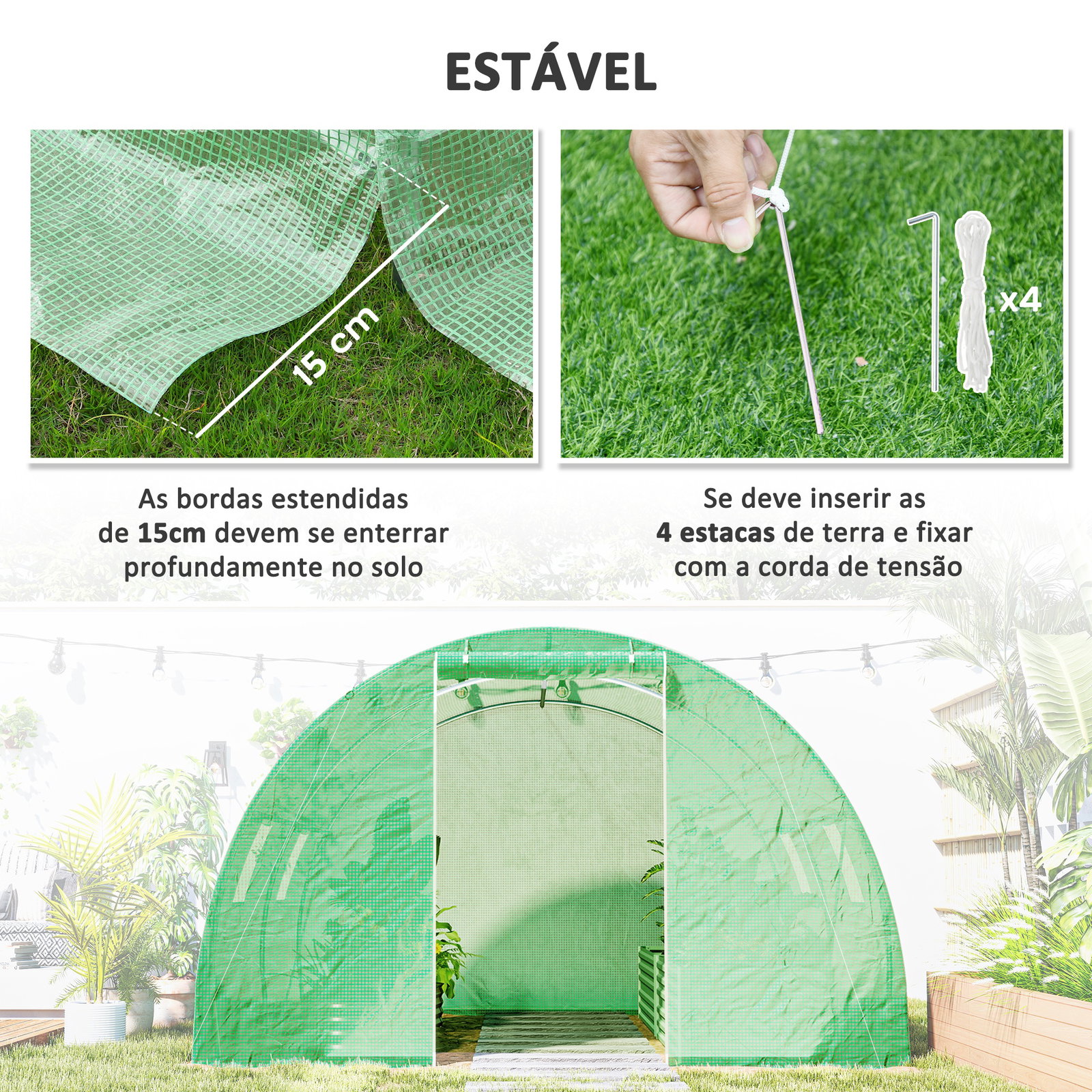 Estufa Tipo Túnel 3x3x2 m com Paredes Laterais Enroláveis 4 Janelas de Malha e Porta Enrolável com Fecho de Correr Verde