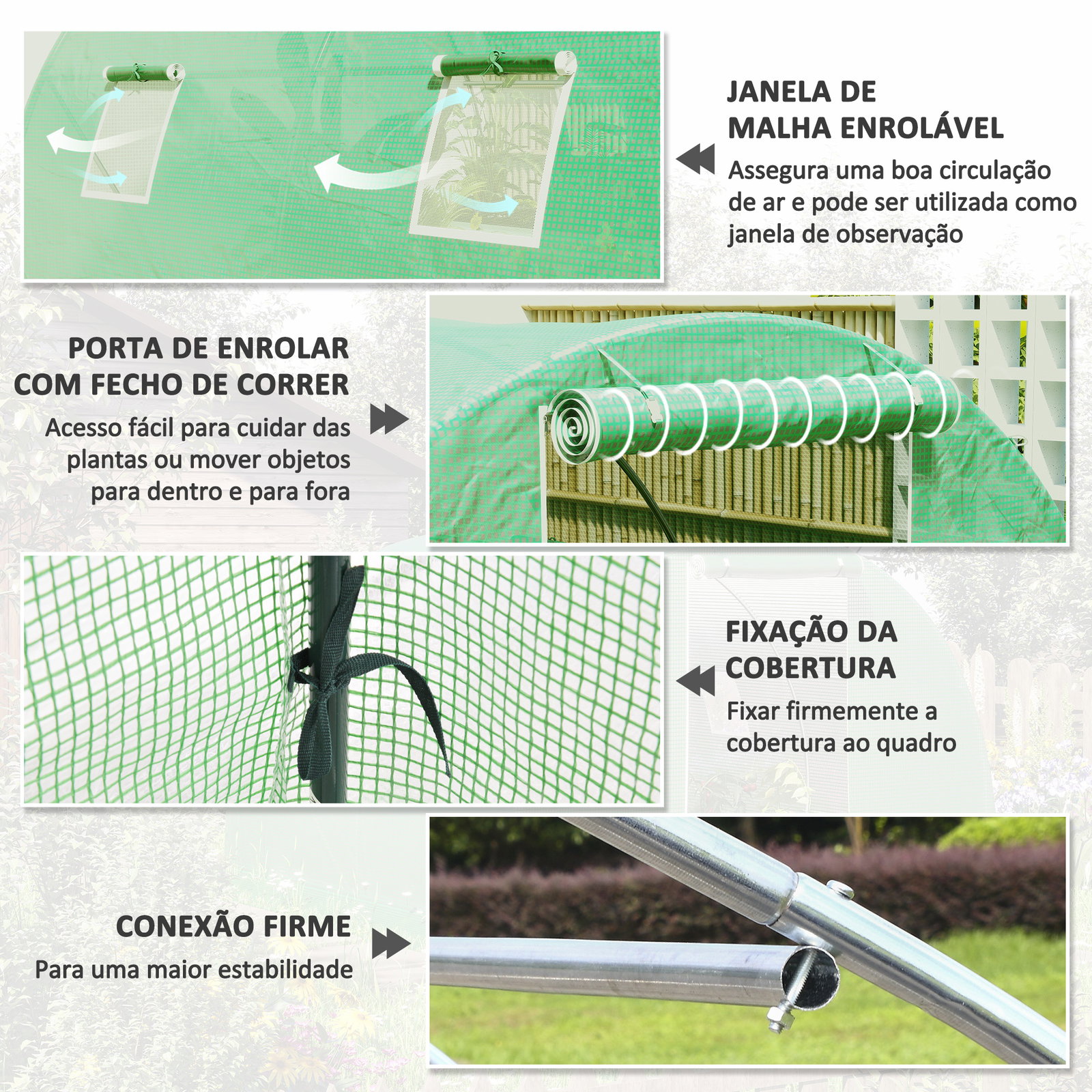 Estufa Tipo Túnel 3x3x2 m com Paredes Laterais Enroláveis 4 Janelas de Malha e Porta Enrolável com Fecho de Correr Verde