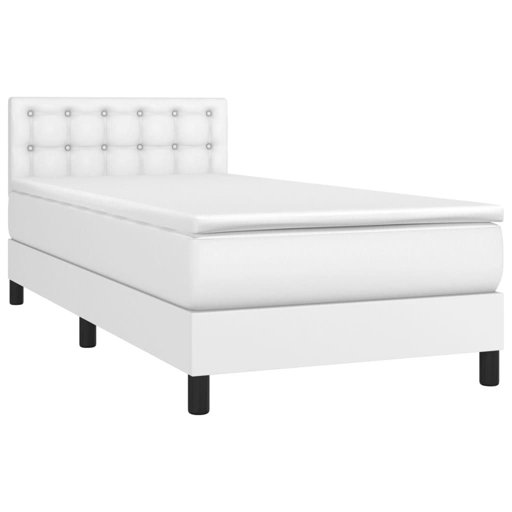Cama box spring c/ colchão/LED 80x200cm couro artificial branco