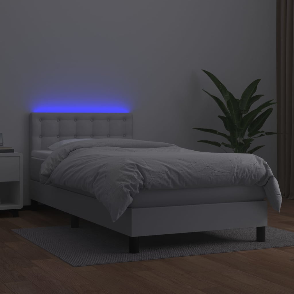 Cama box spring c/ colchão/LED 80x200cm couro artificial branco