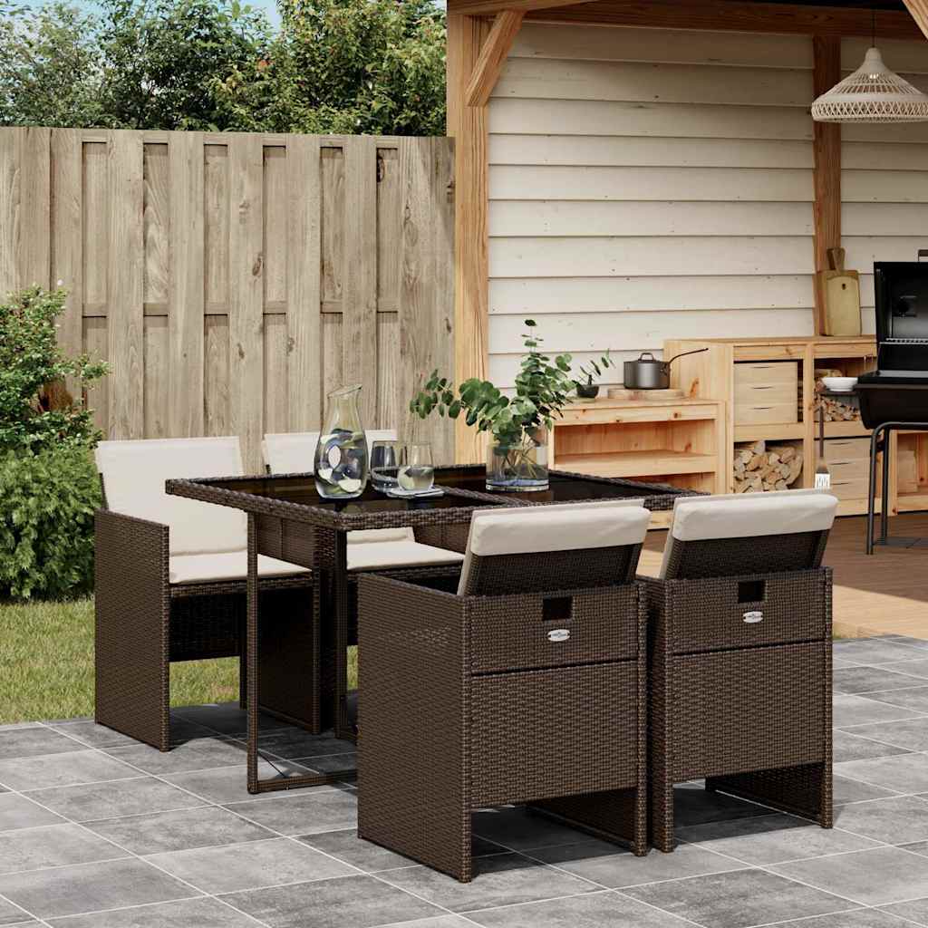 5 Pcs conjunto jantar p/ jardim c/ almofadões vime PE castanho