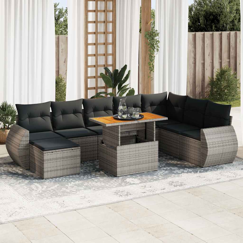 9 Pcs conjunto sofás p/ jardim com almofadões vime PE cinzento