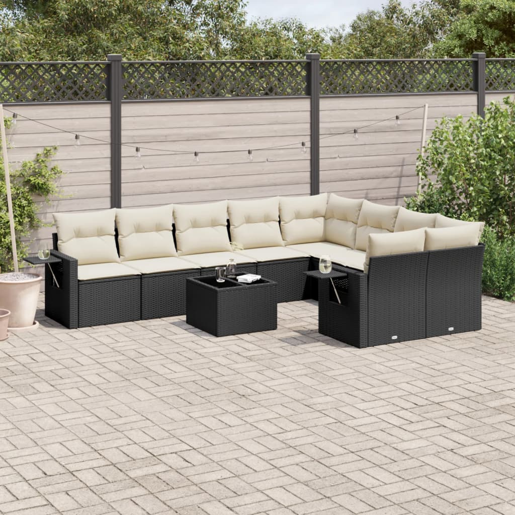 10 Pcs conjunto sofás de jardim c/ almofadões vime PE preto