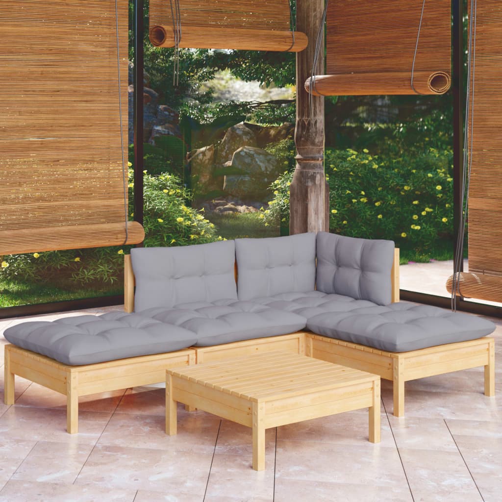 5 Pcs conjunto lounge de jardim c/ almofadões cinzentos pinho