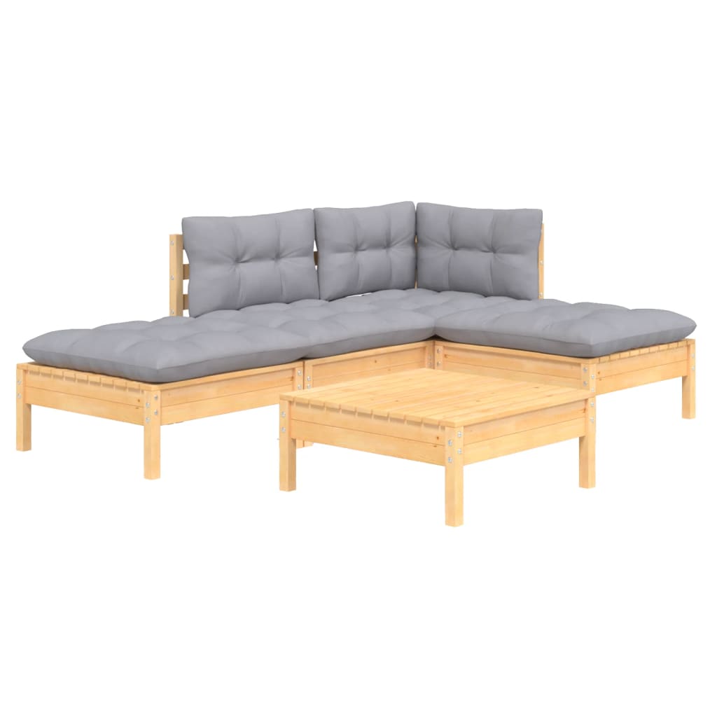 5 Pcs conjunto lounge de jardim c/ almofadões cinzentos pinho