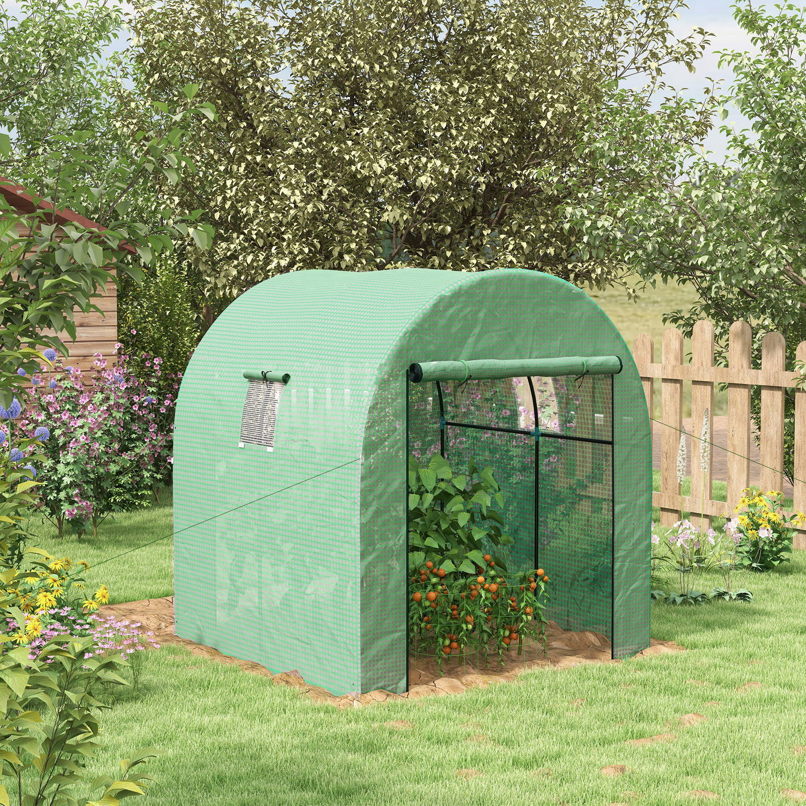 Estufa de exterior com 2 portas enroláveis 2 janelas em rede cobertura PE 135g/m² anti-UV cultivo e plantas 180x180x200 cm verde