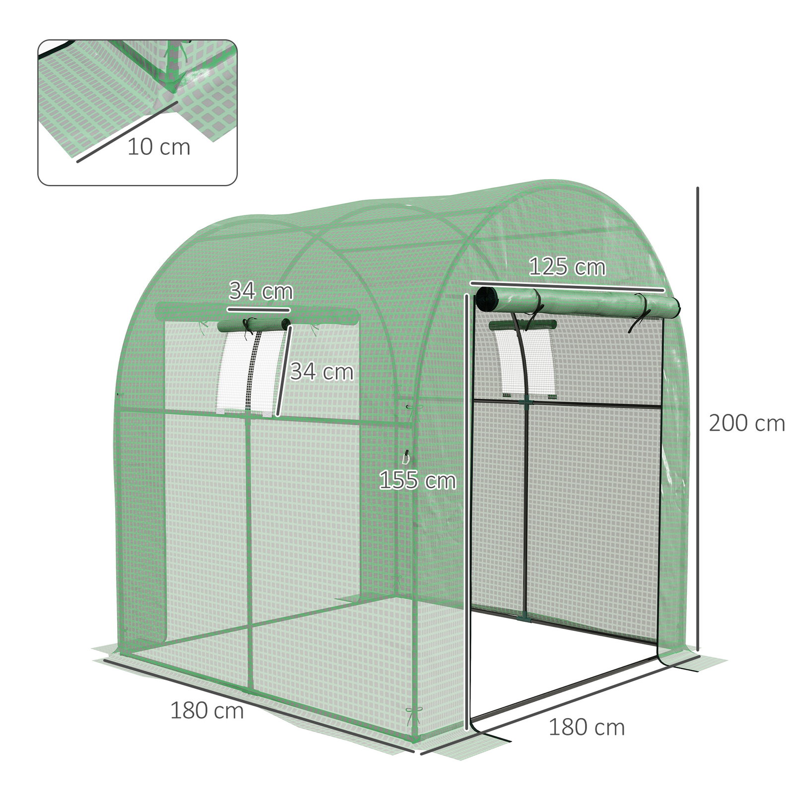 Estufa de exterior com 2 portas enroláveis 2 janelas em rede cobertura PE 135g/m² anti-UV cultivo e plantas 180x180x200 cm verde