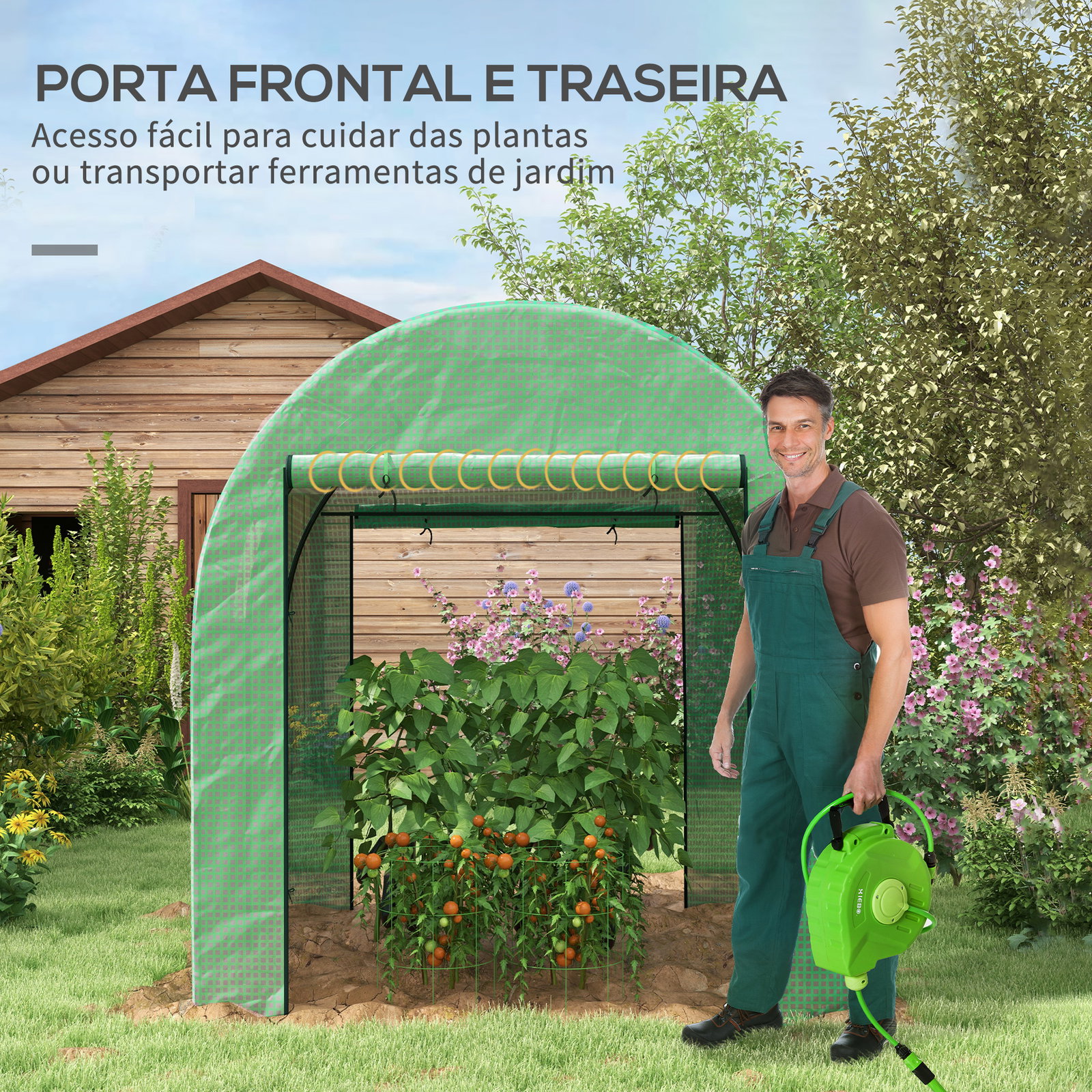 Estufa de exterior com 2 portas enroláveis 2 janelas em rede cobertura PE 135g/m² anti-UV cultivo e plantas 180x180x200 cm verde
