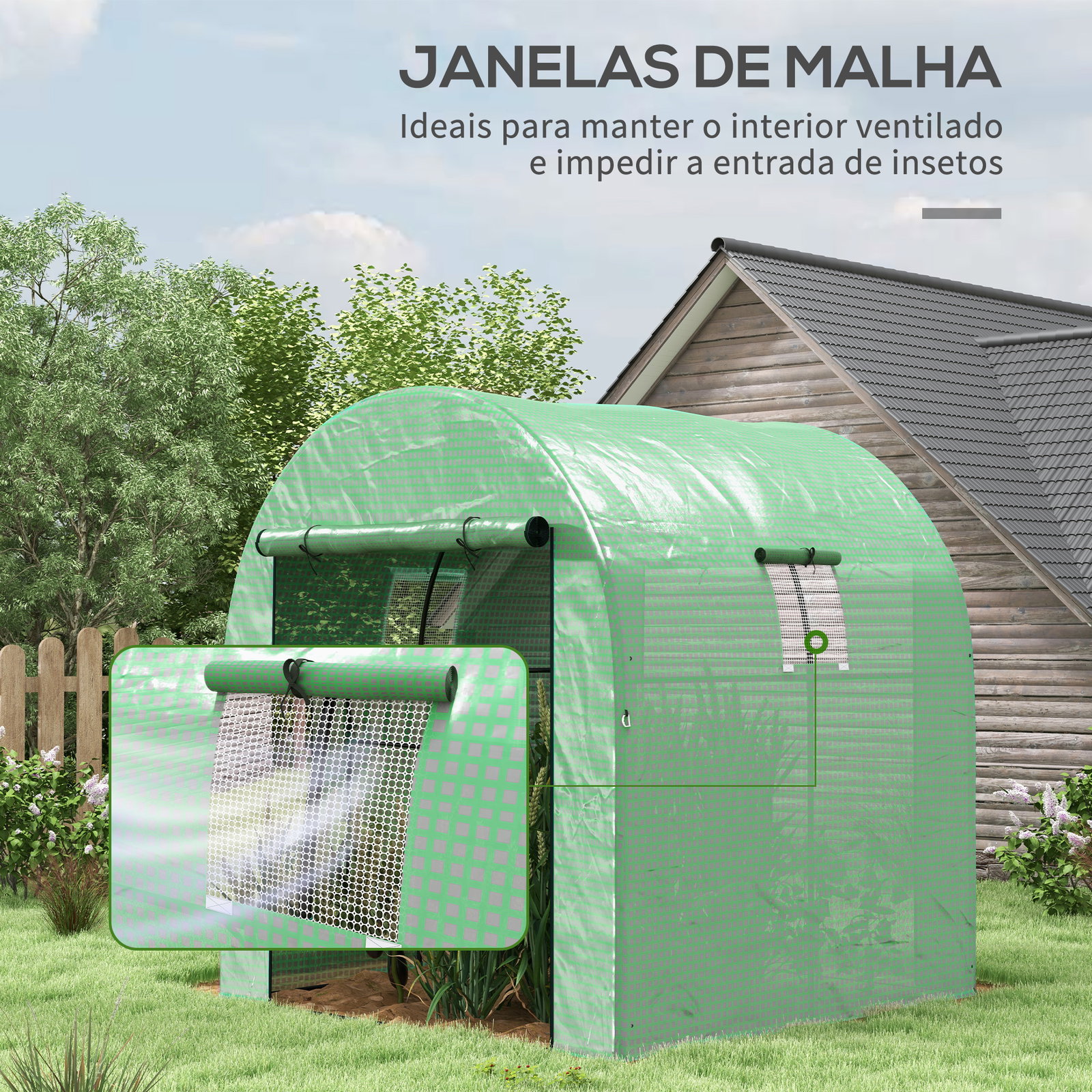 Estufa de exterior com 2 portas enroláveis 2 janelas em rede cobertura PE 135g/m² anti-UV cultivo e plantas 180x180x200 cm verde