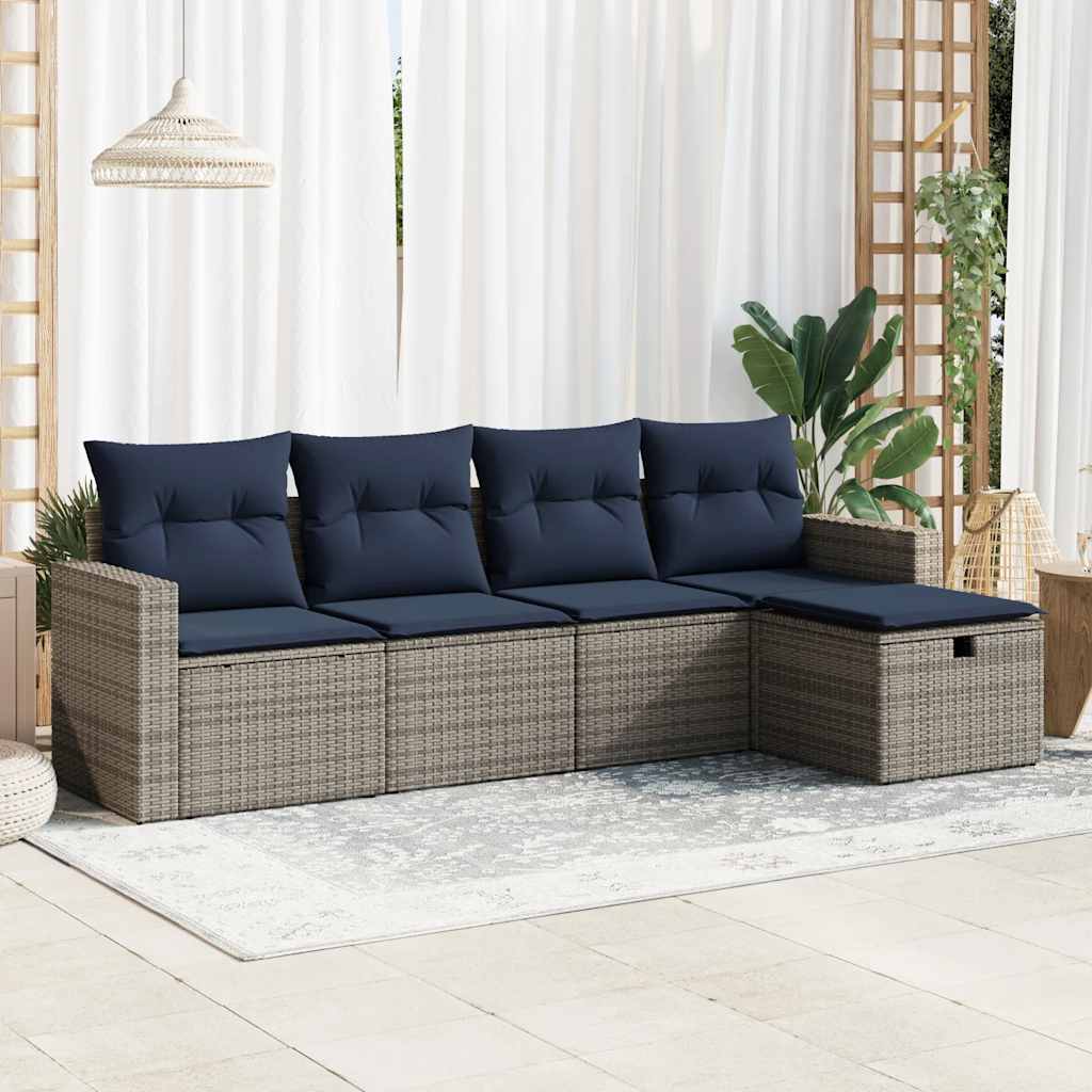 5 Pcs conjunto sofás de jardim c/ almofadões vime PE cinzento
