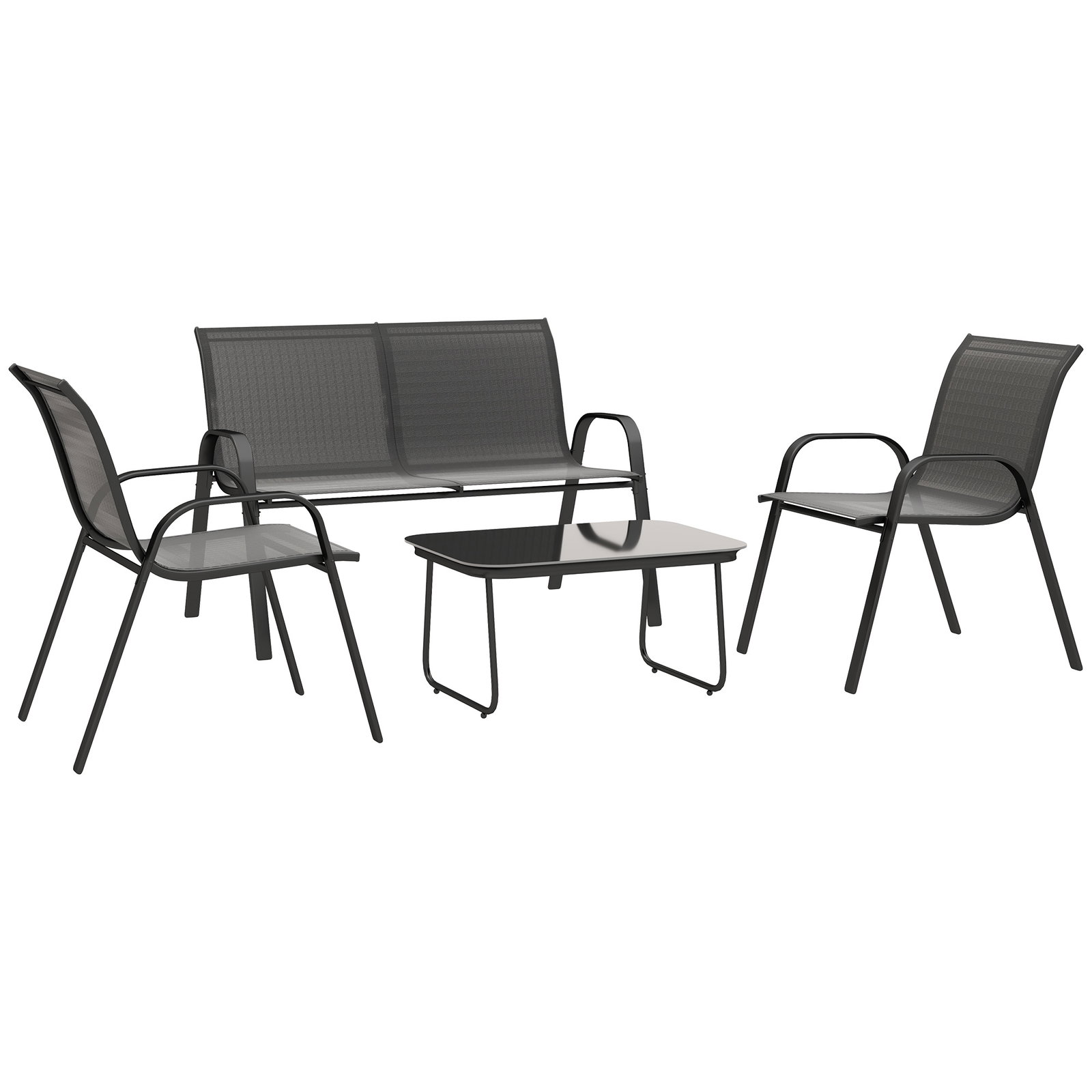 Conjunto de jardim exterior 4 peças com 2 cadeiras empilháveis 1 sofá de 2 lugares e mesa de centro com bancada de vidro temperado preto