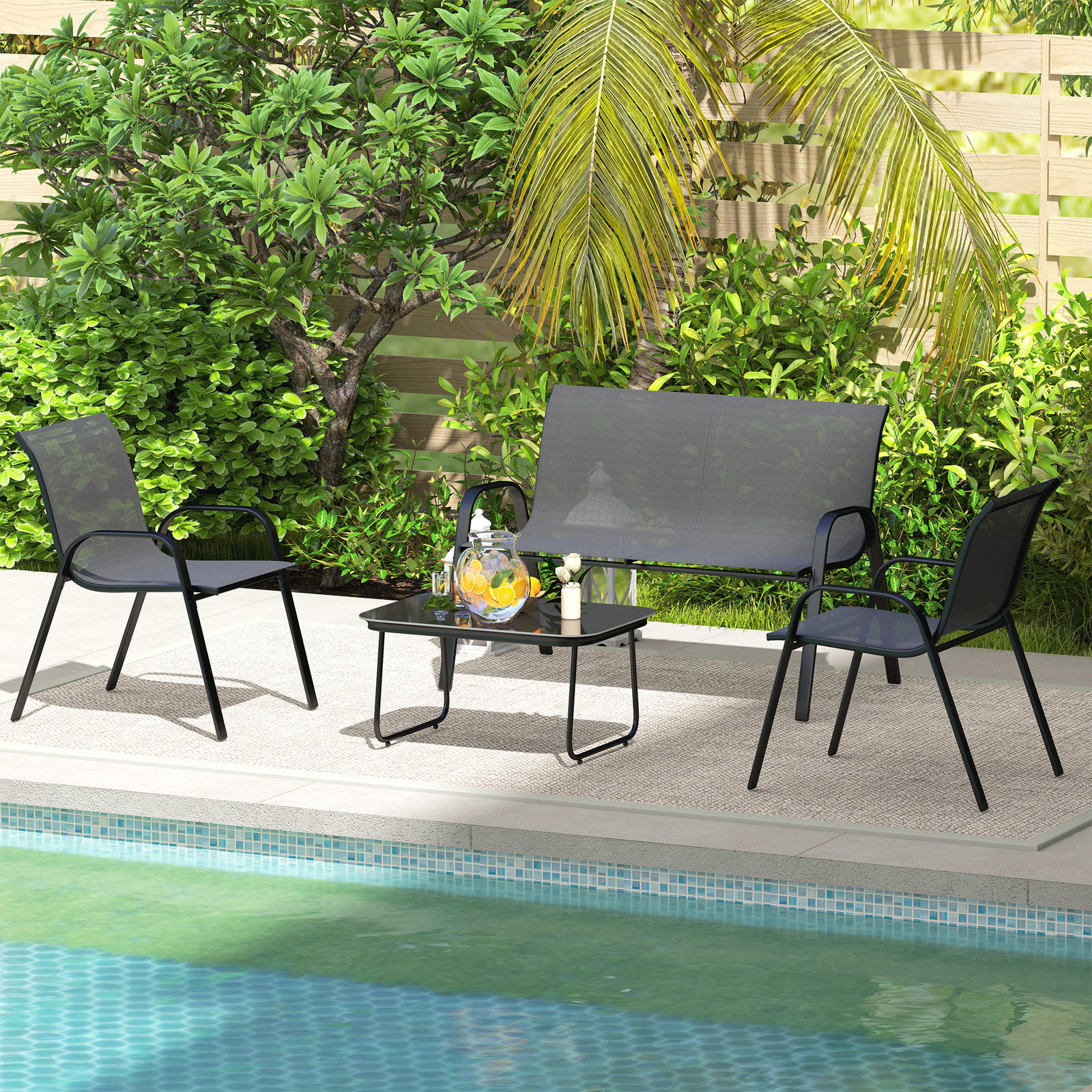 Conjunto de jardim exterior 4 peças com 2 cadeiras empilháveis 1 sofá de 2 lugares e mesa de centro com bancada de vidro temperado preto