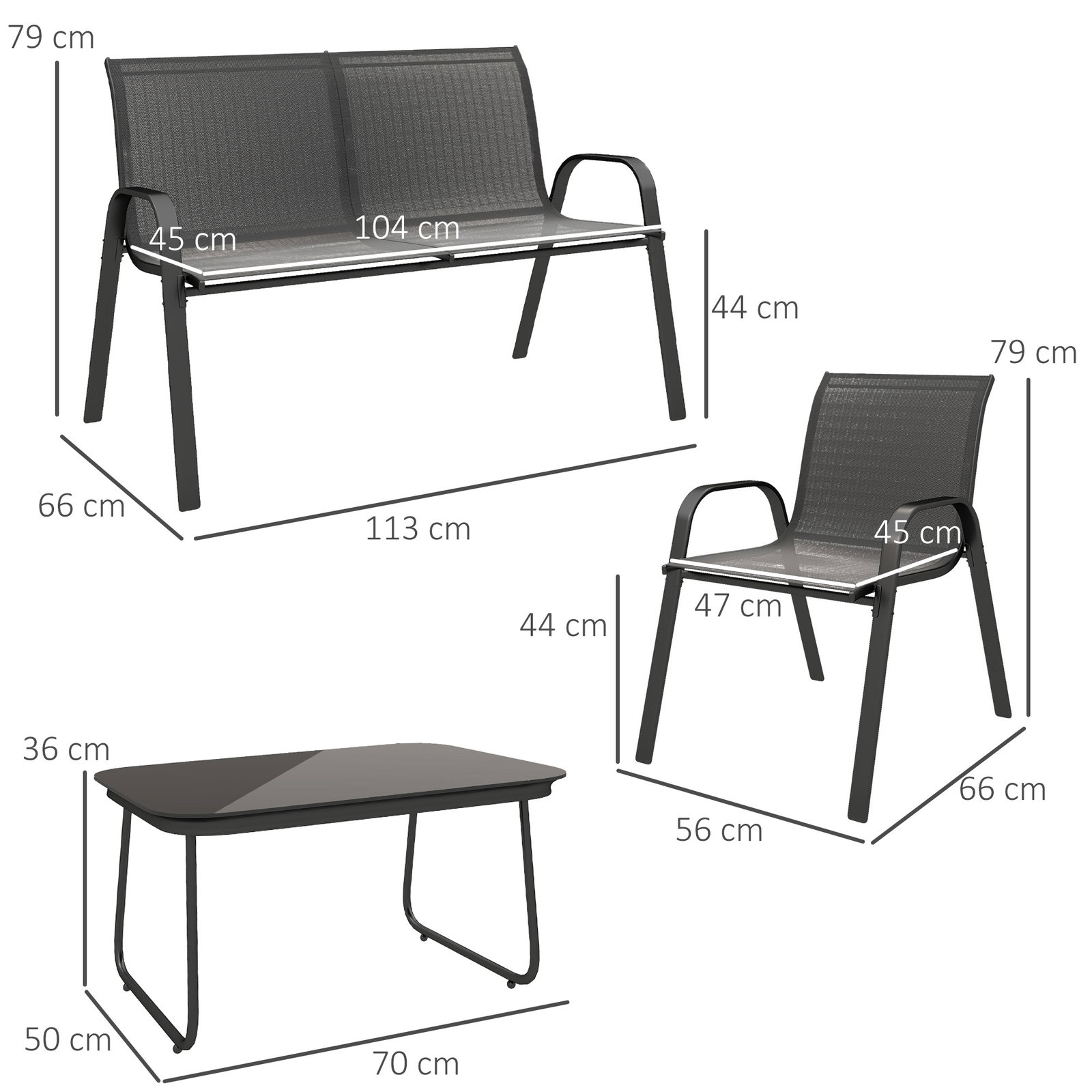 Conjunto de jardim exterior 4 peças com 2 cadeiras empilháveis 1 sofá de 2 lugares e mesa de centro com bancada de vidro temperado preto