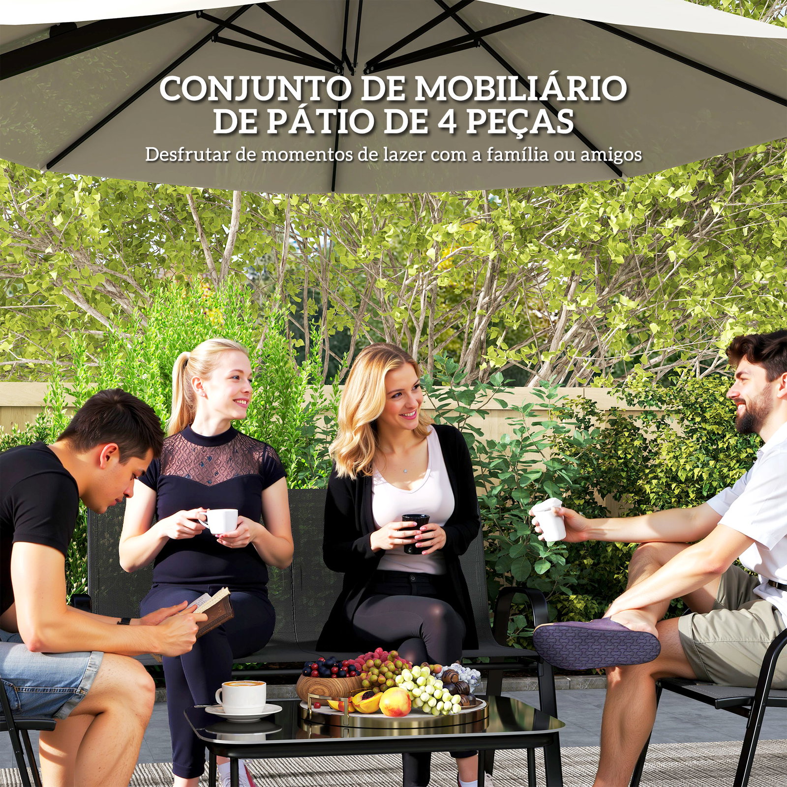 Conjunto de jardim exterior 4 peças com 2 cadeiras empilháveis 1 sofá de 2 lugares e mesa de centro com bancada de vidro temperado preto