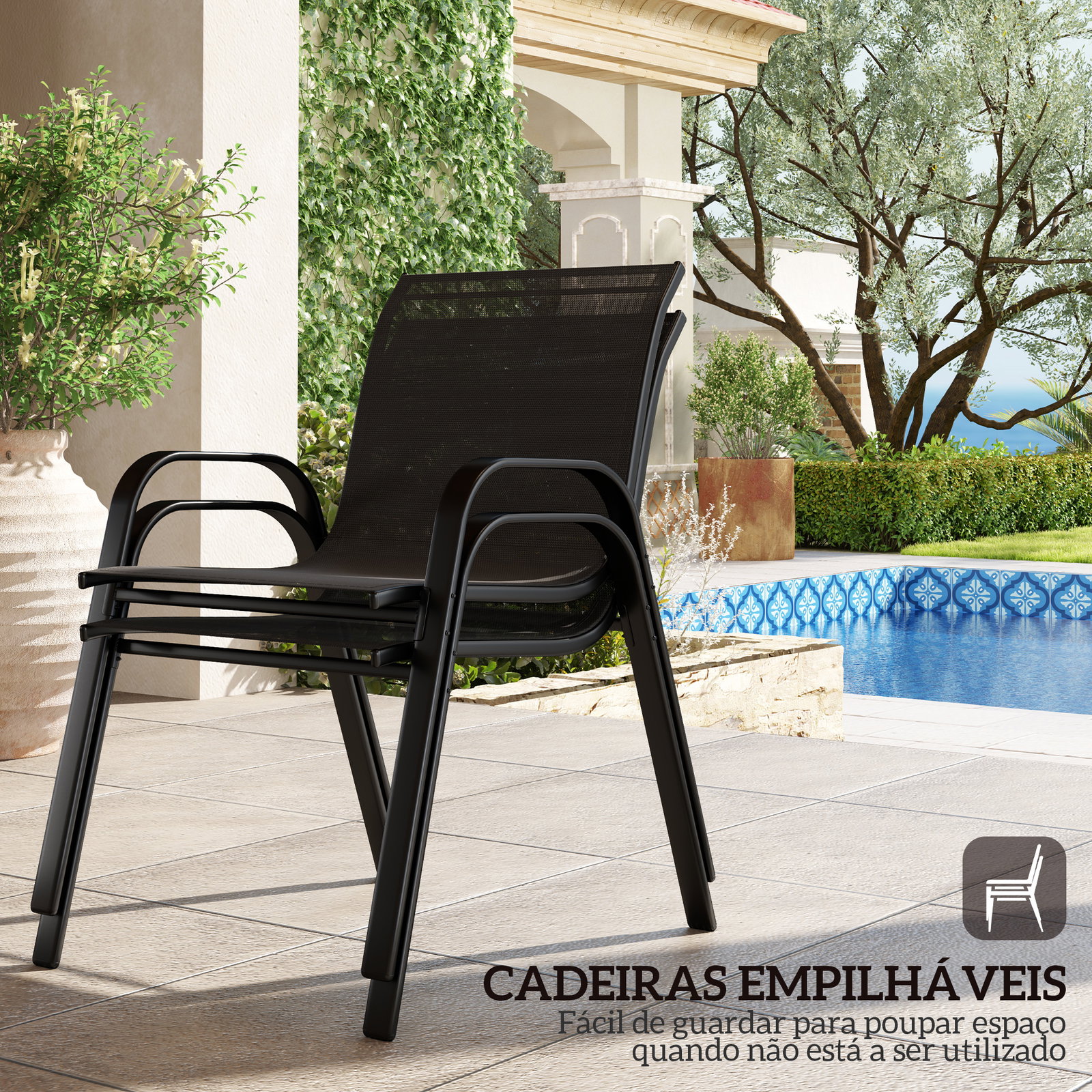 Conjunto de jardim exterior 4 peças com 2 cadeiras empilháveis 1 sofá de 2 lugares e mesa de centro com bancada de vidro temperado preto